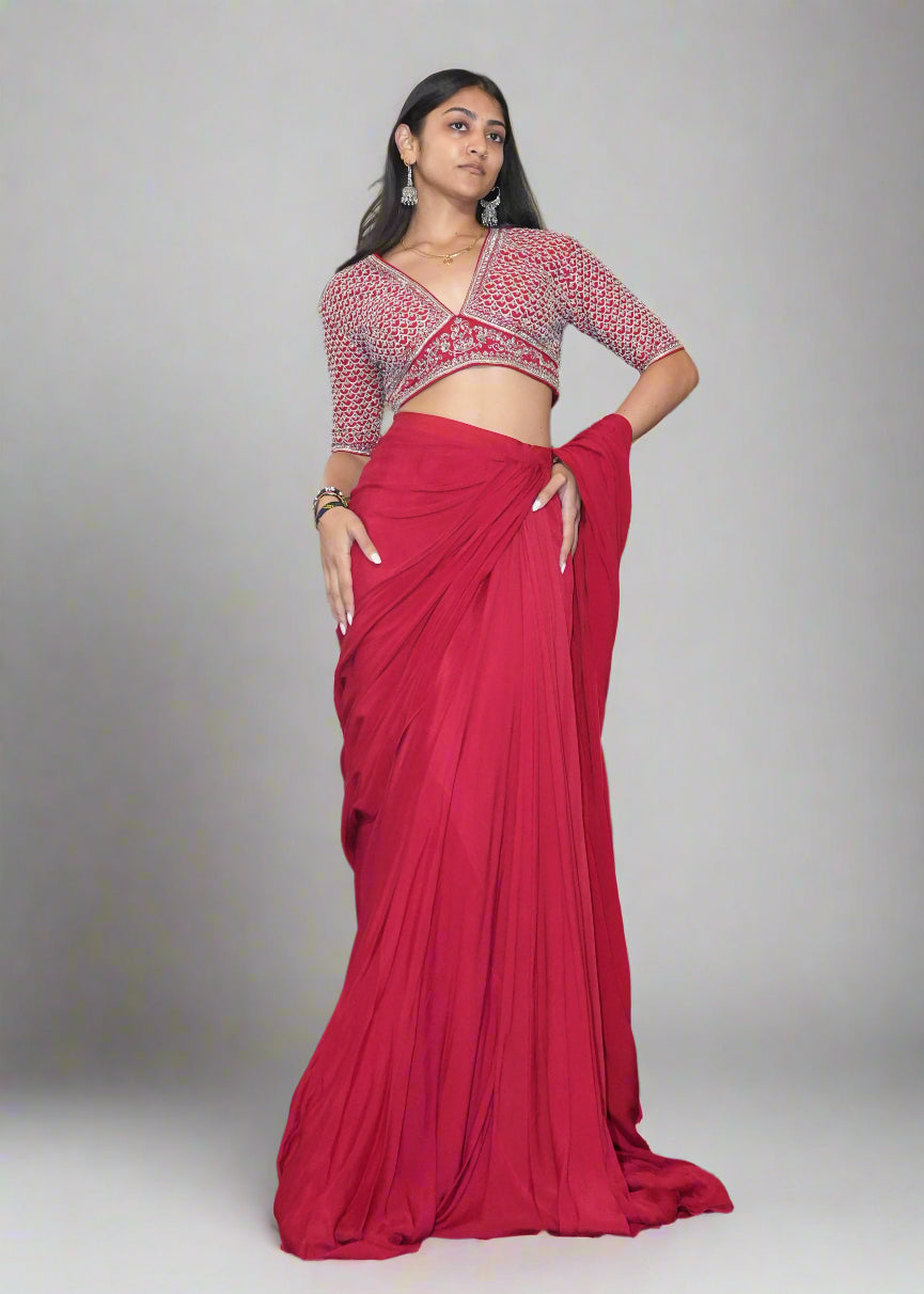 Red Pre-Draped Sari Set