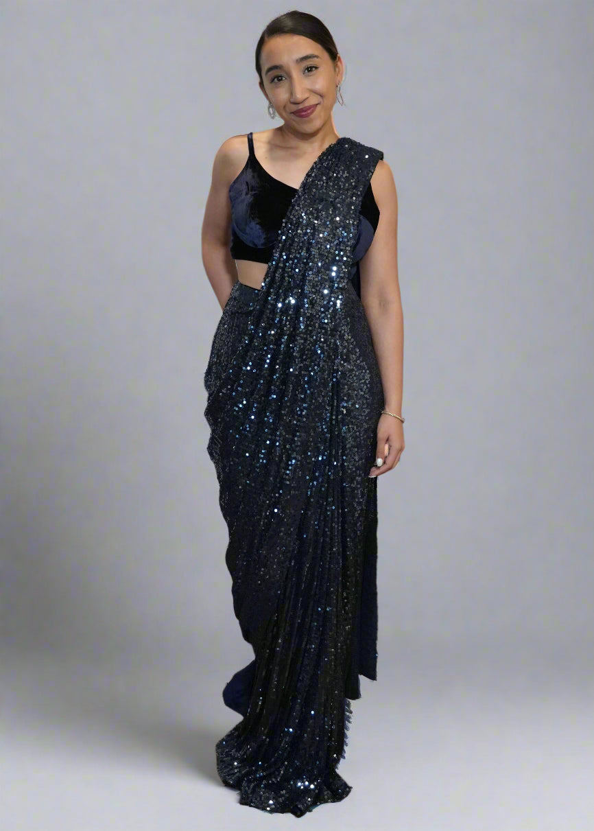 Navy Blue Sequin Pre-Draped Sari