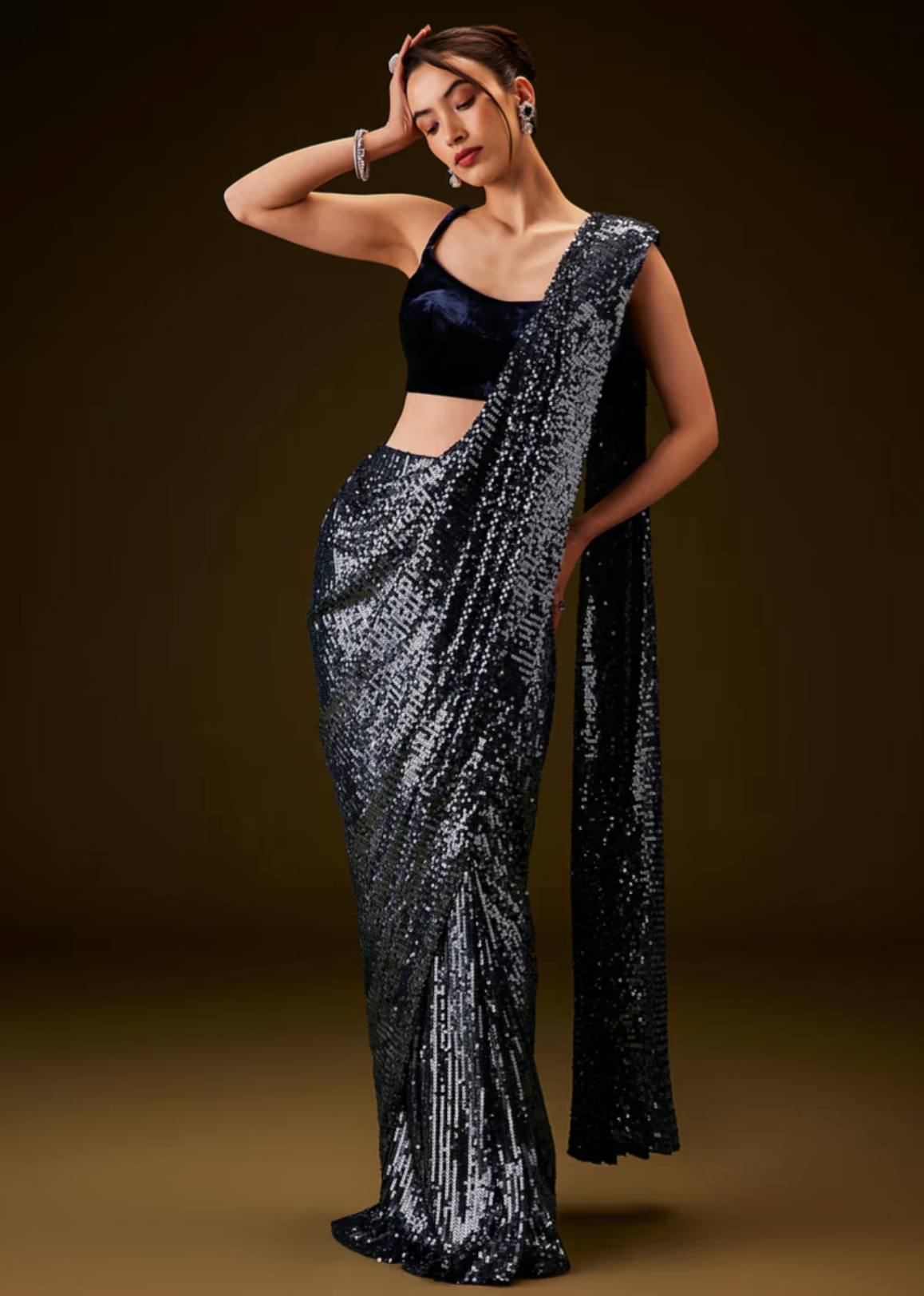 Navy Blue Sequin Pre-Draped Sari