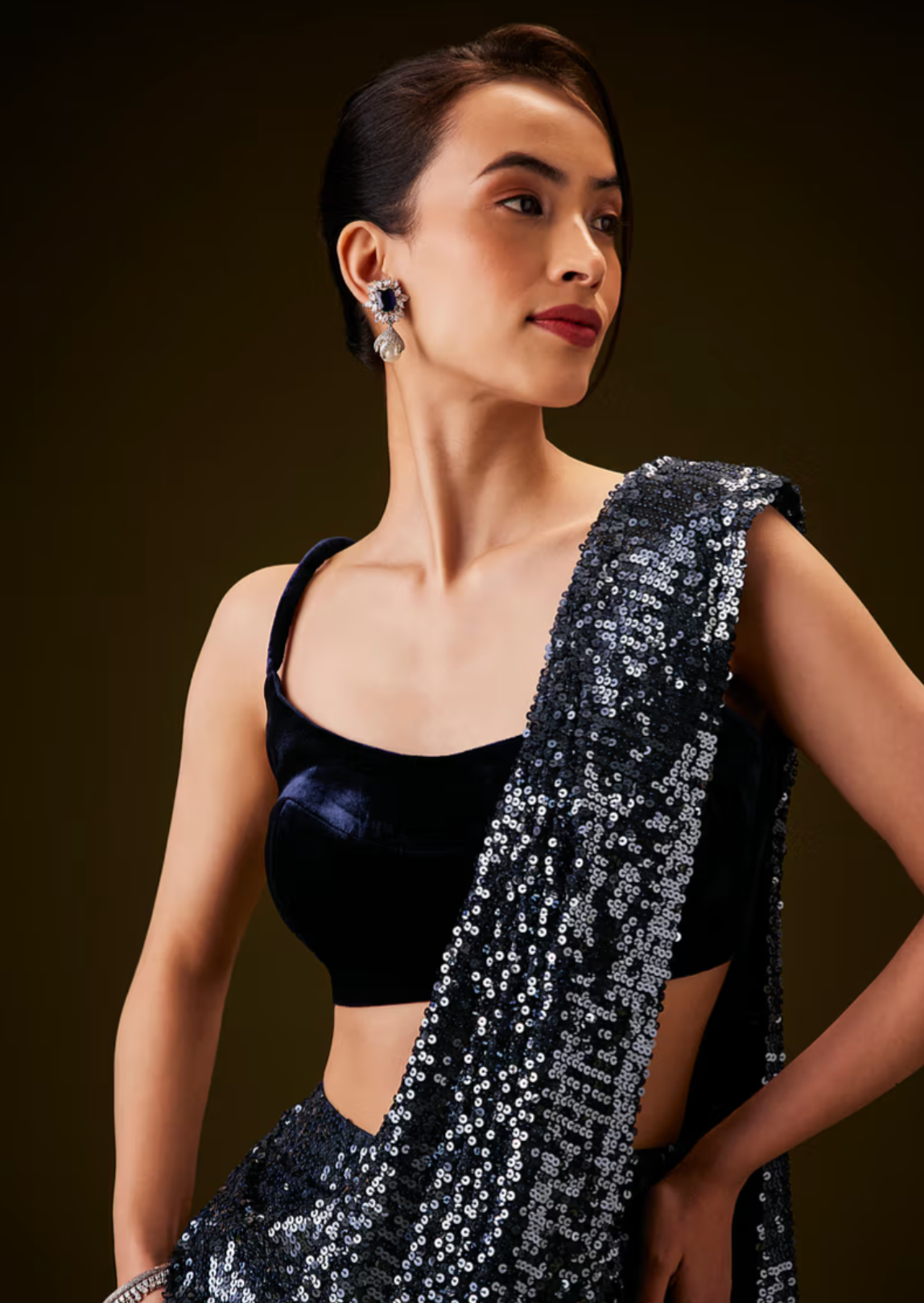 Navy Blue Sequin Pre-Draped Sari