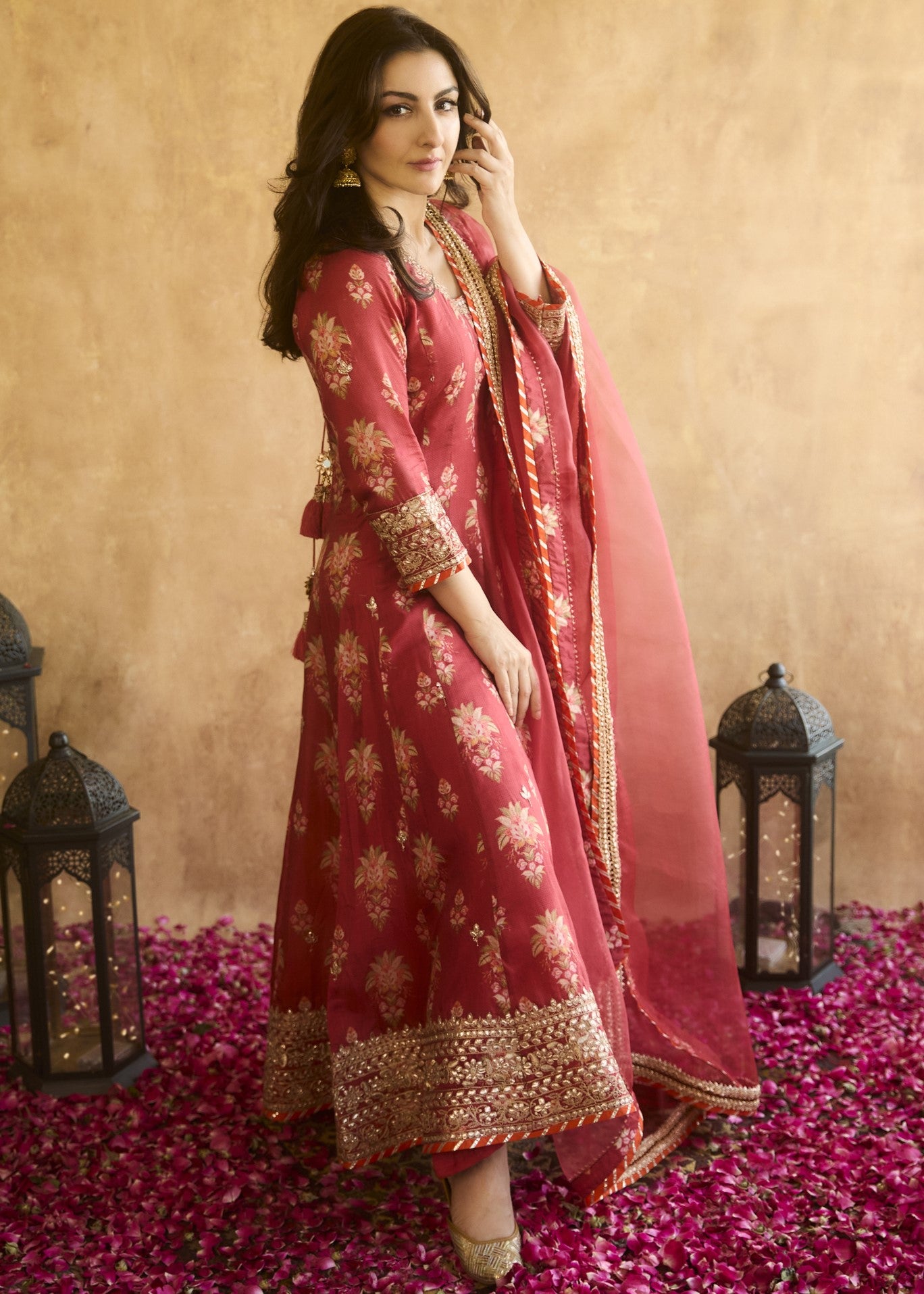 Red Soha Anarkali Set