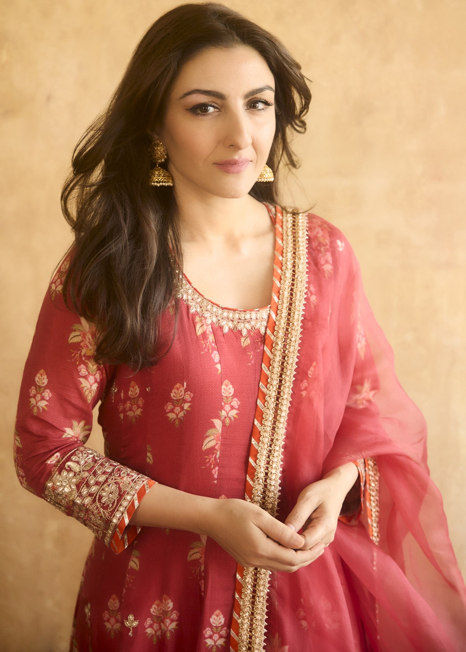 Red Soha Anarkali Set