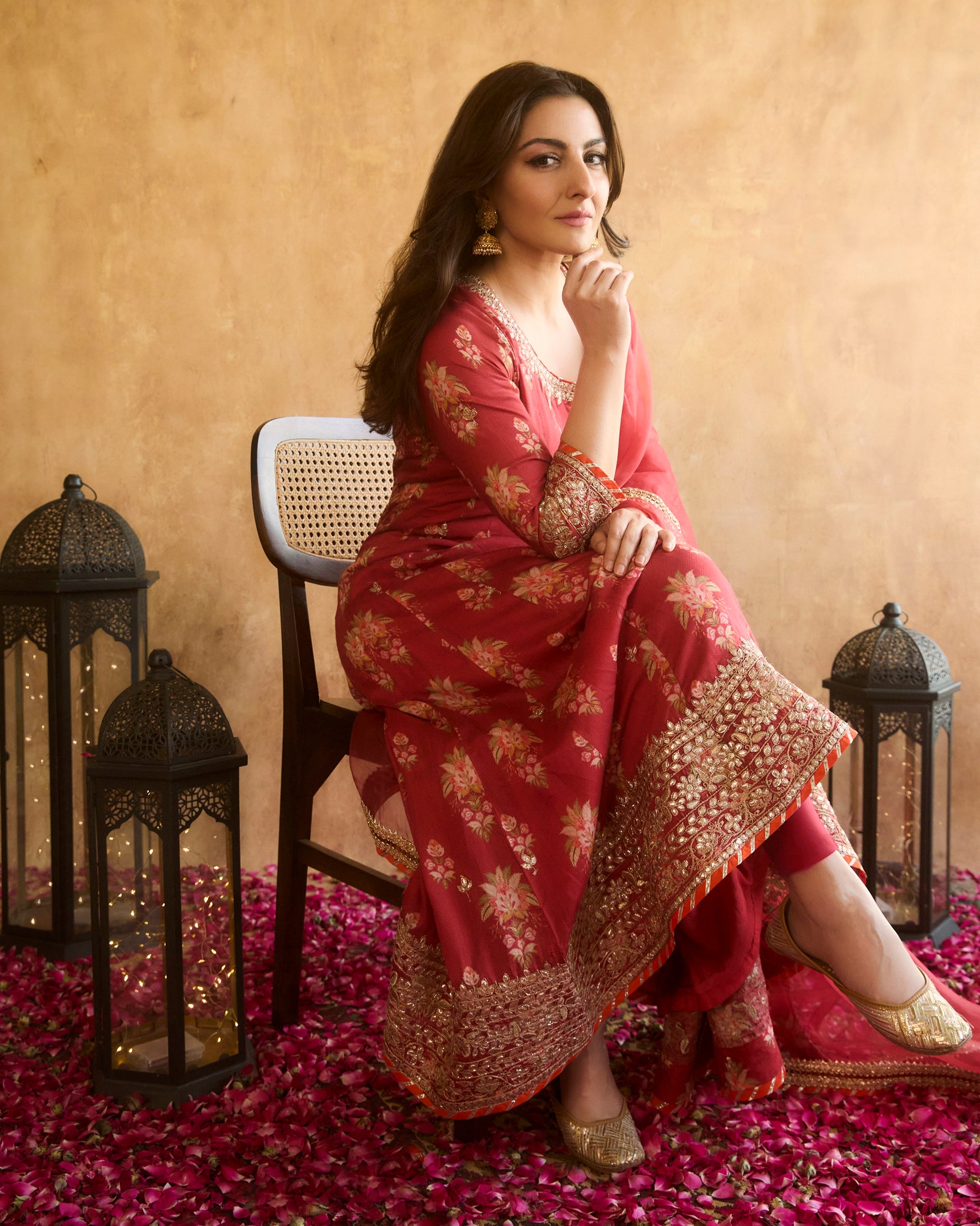 Red Soha Anarkali Set