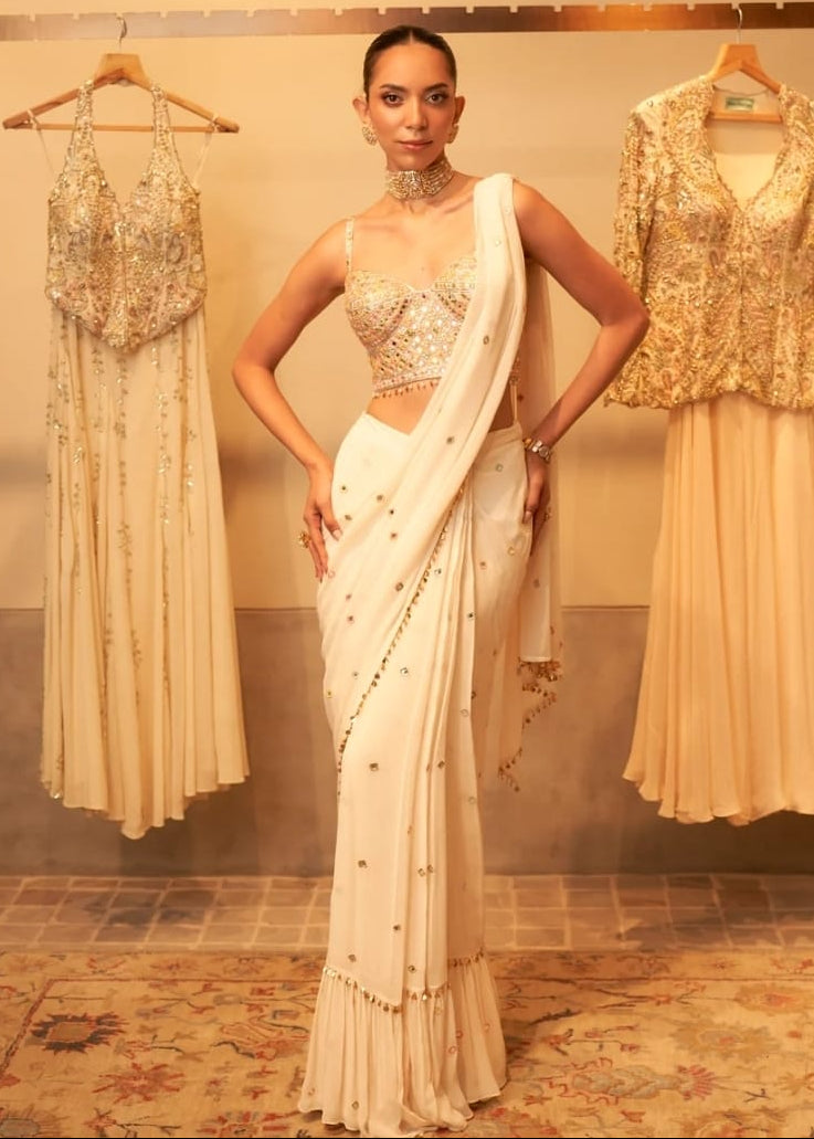 Ivory Pre-Draped Sari with Corset Blouse