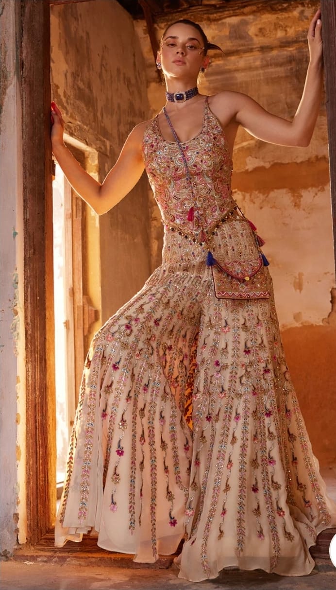 Light Pink High Waist Sharara With A Corset Blouse