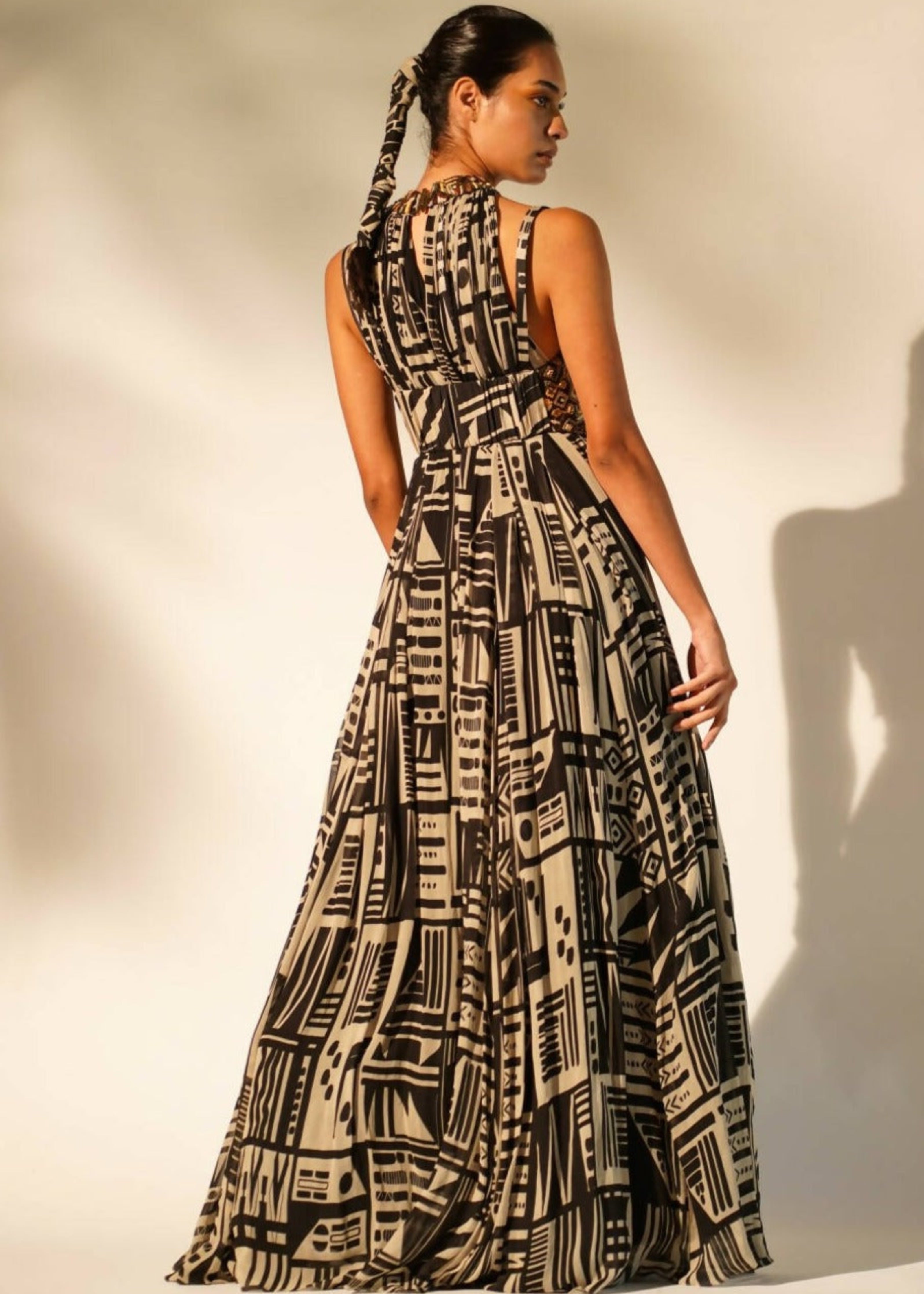 Abstract Print High Neck Maxi Dress