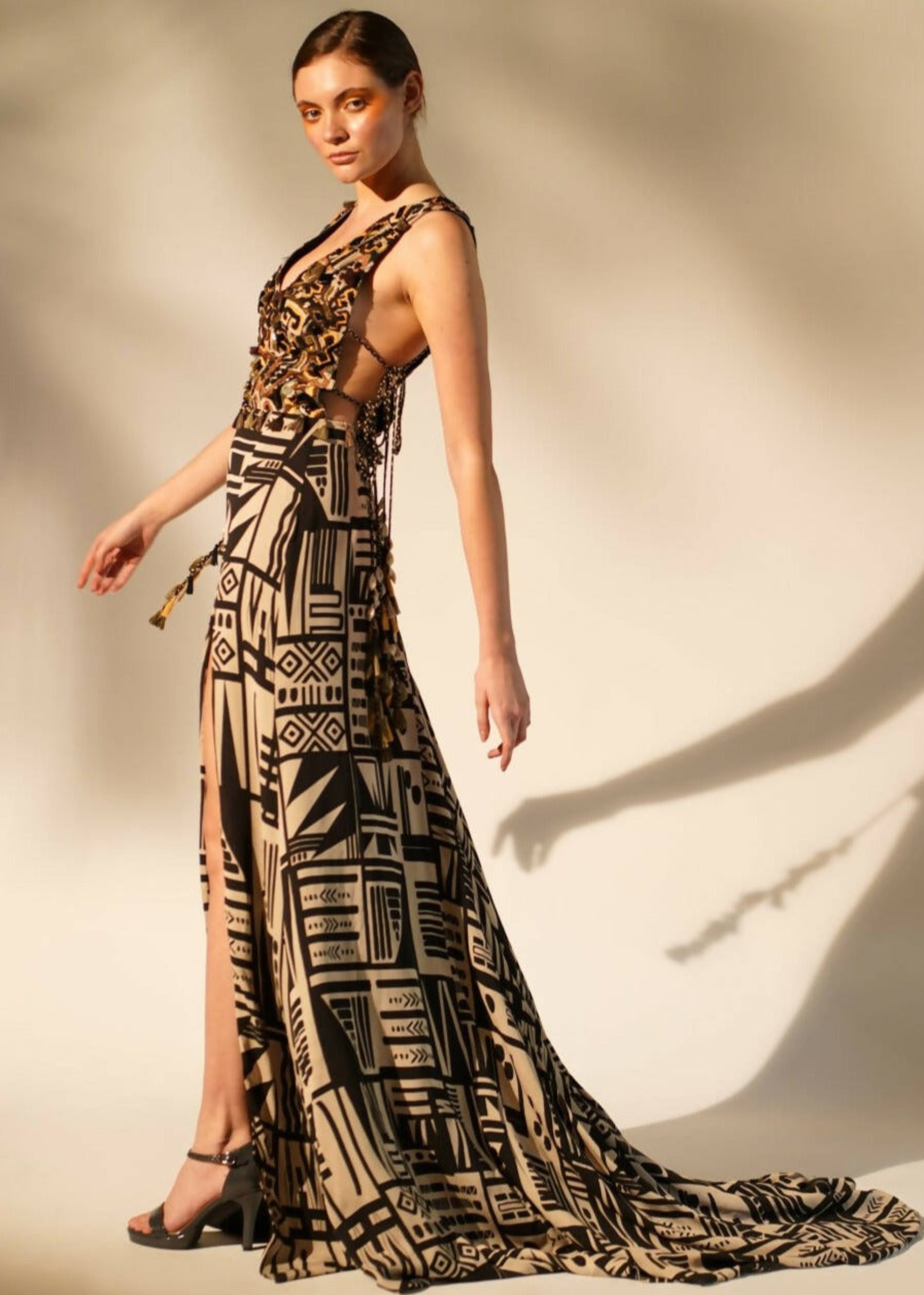 Abstract Print Maxi Dress with High Slit