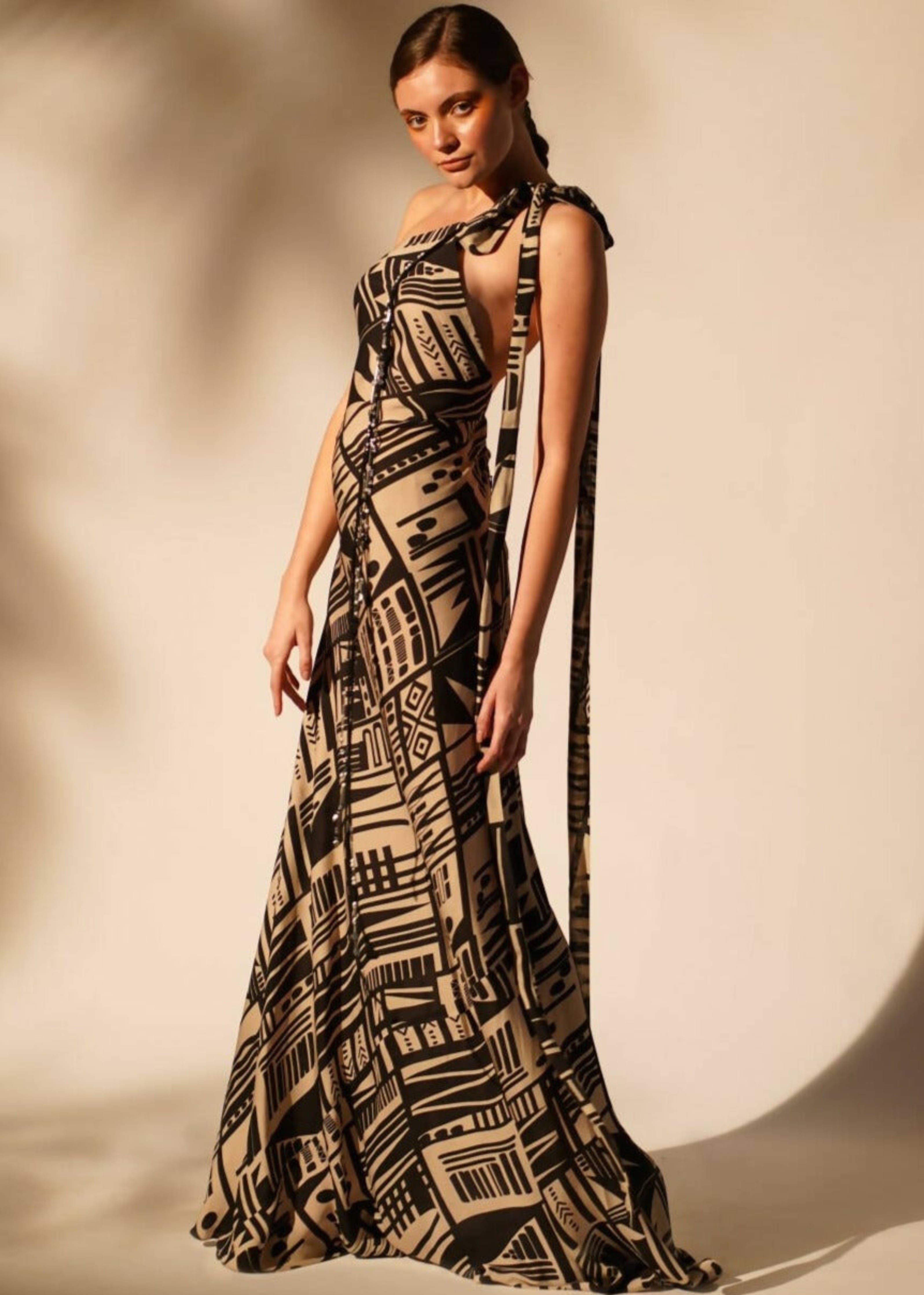 Abstract Print One Shoulder Maxi Dress