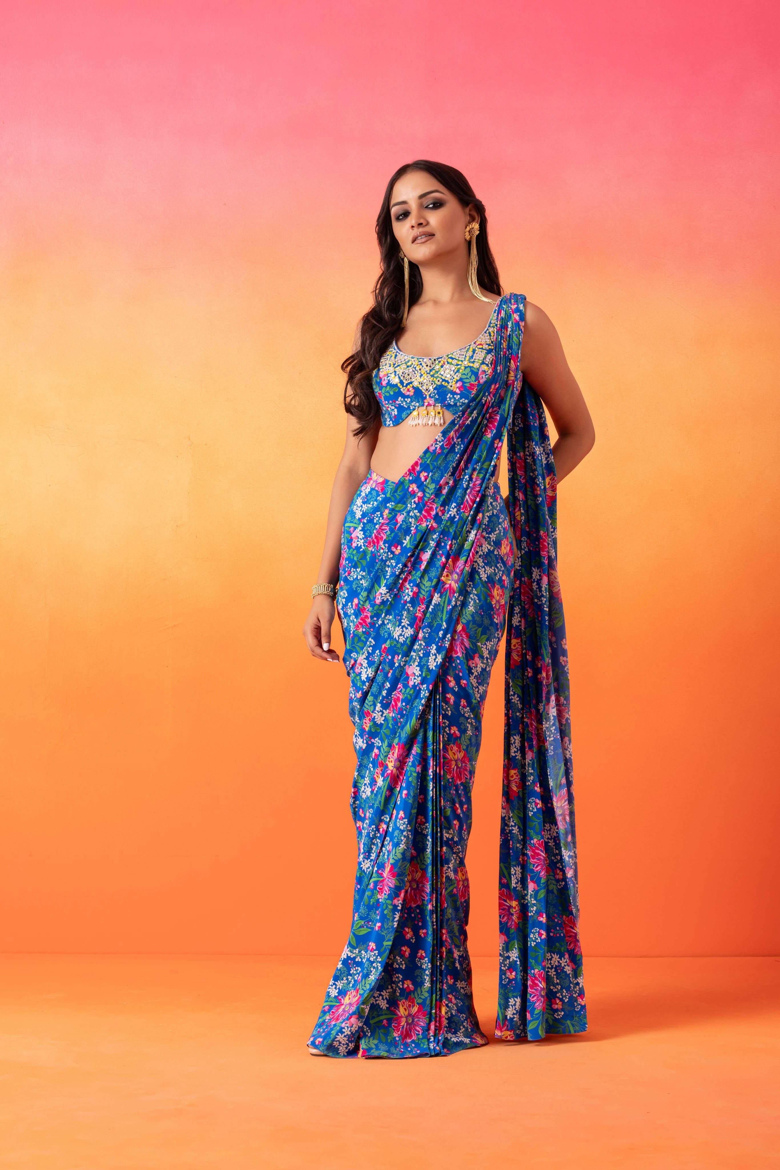 Electric Blue Floral Printed Sari with Blouse