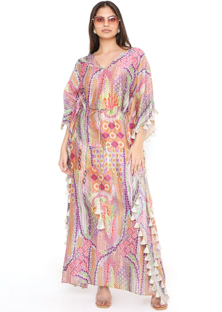 Multicolor Print Silkmul Kaftan with Tassels