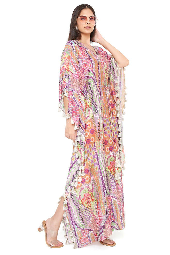 Multicolor Print Silkmul Kaftan with Tassels