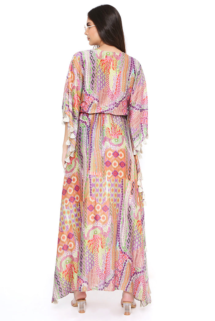 Multicolor Print Silkmul Kaftan with Tassels