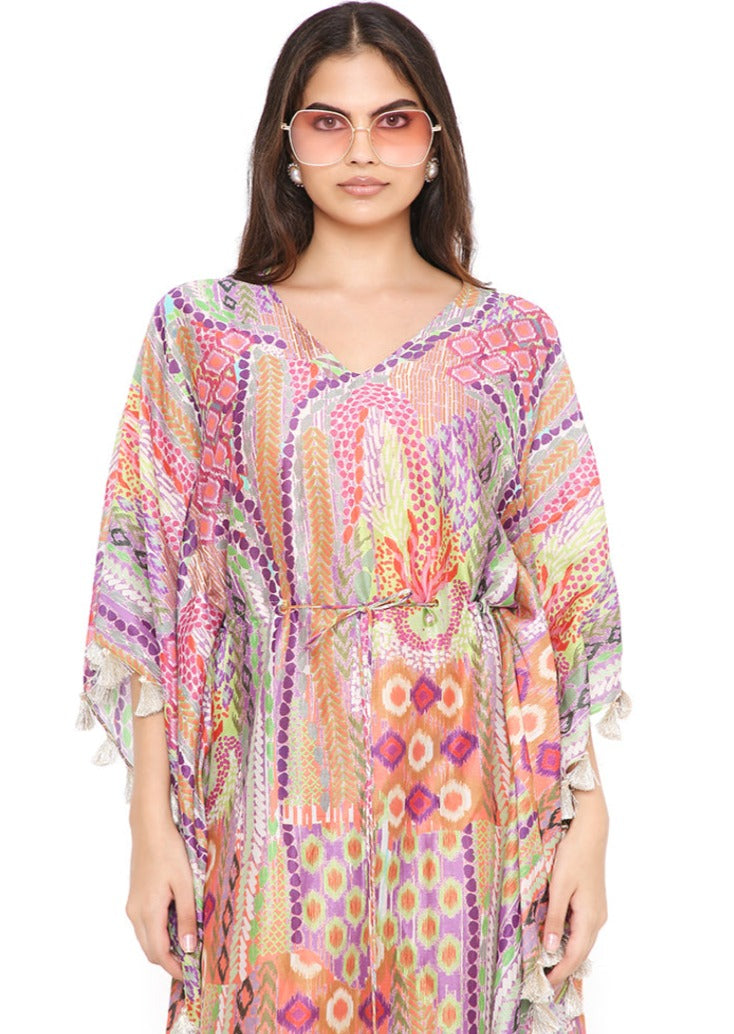 Multicolor Print Silkmul Kaftan with Tassels