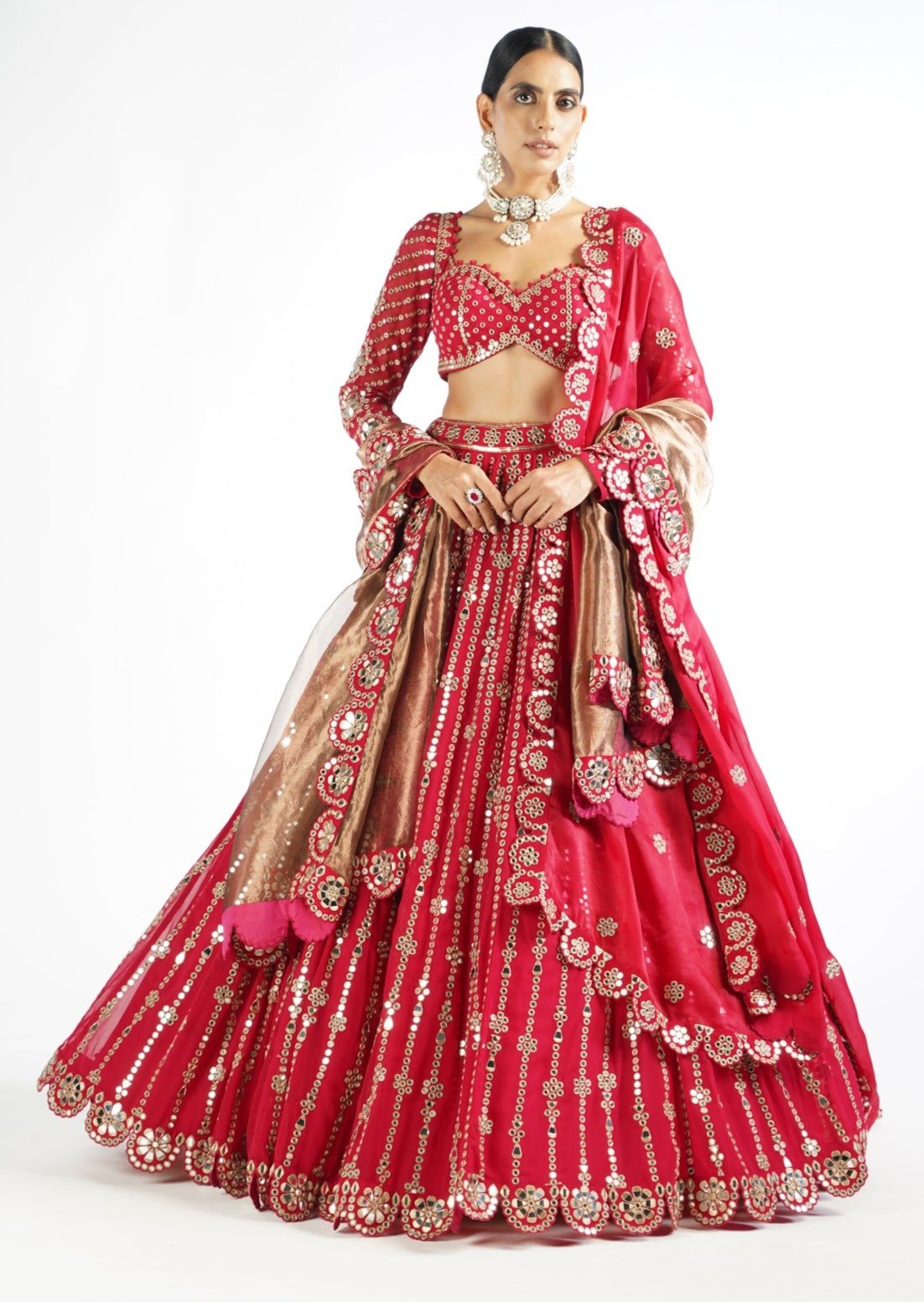 Crimson Red Small Flower Linear Lehenga Set