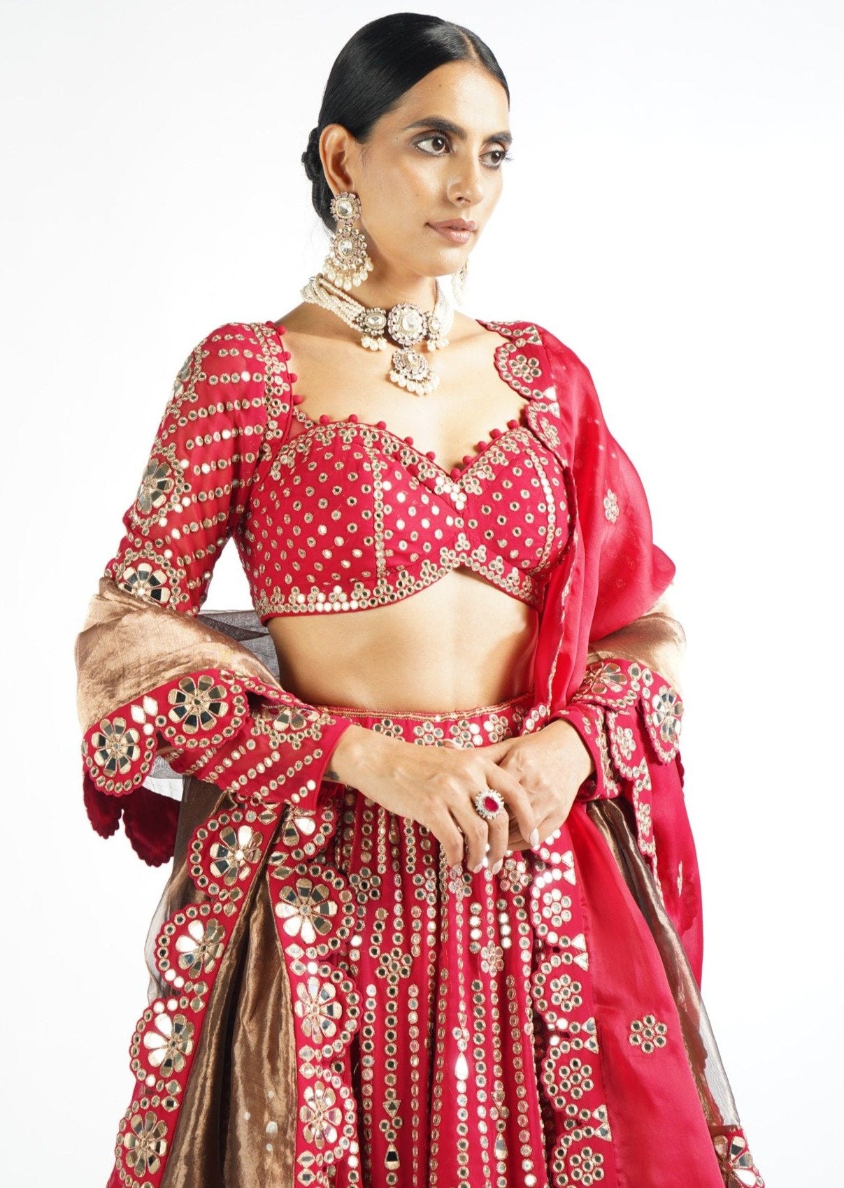 Crimson Red Small Flower Linear Lehenga Set