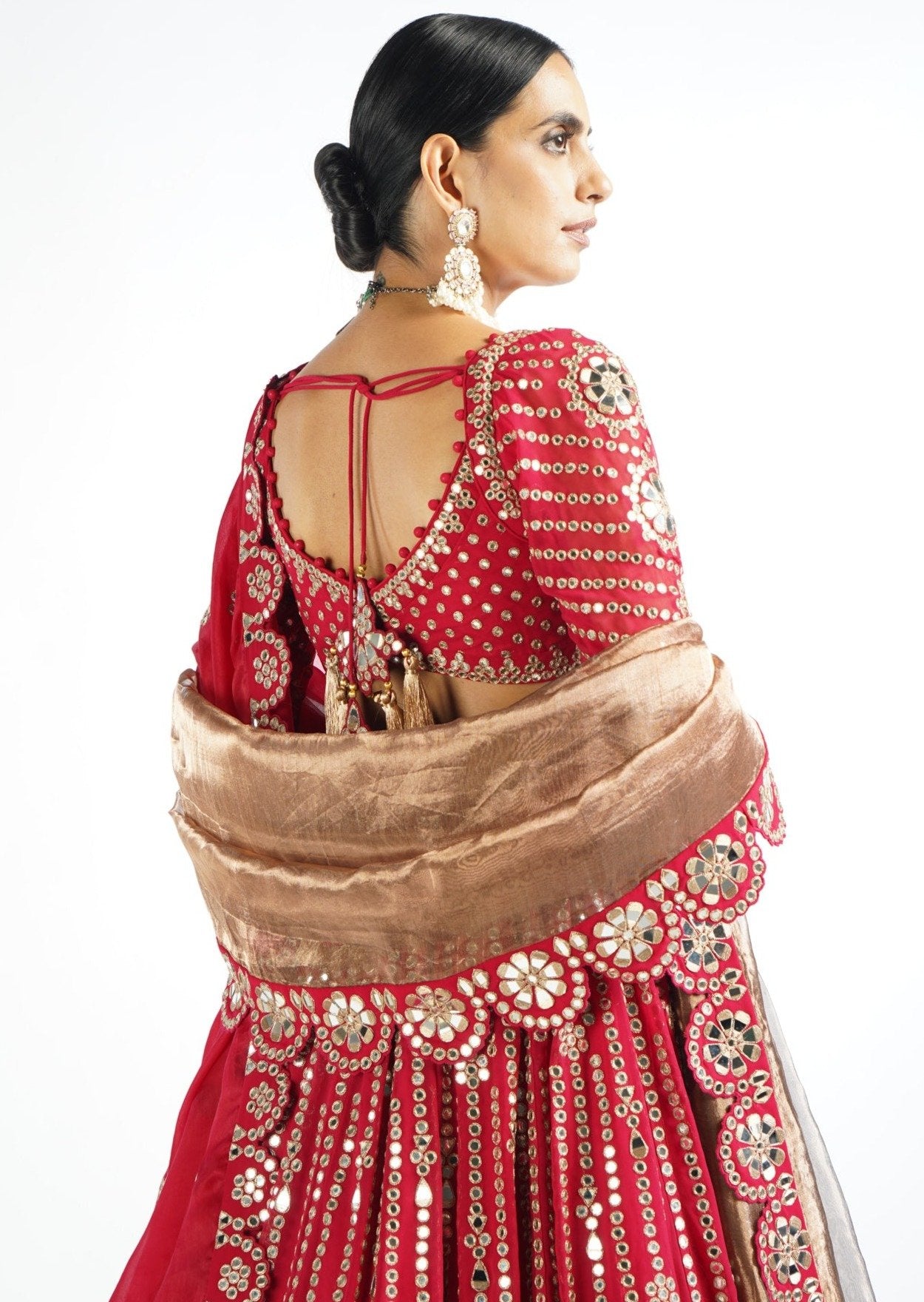 Crimson Red Small Flower Linear Lehenga Set