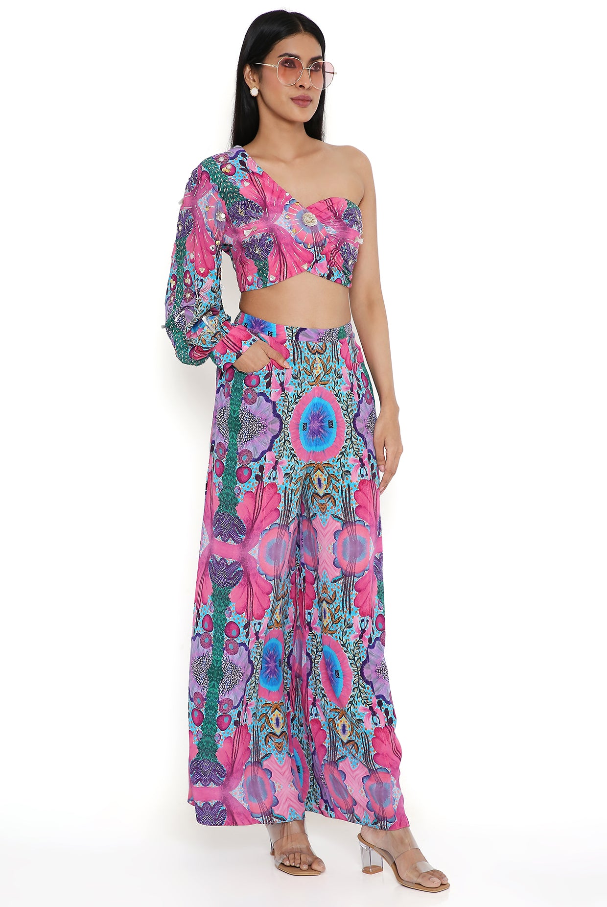 Pink Enchanted Print Embroidered Top and Pant