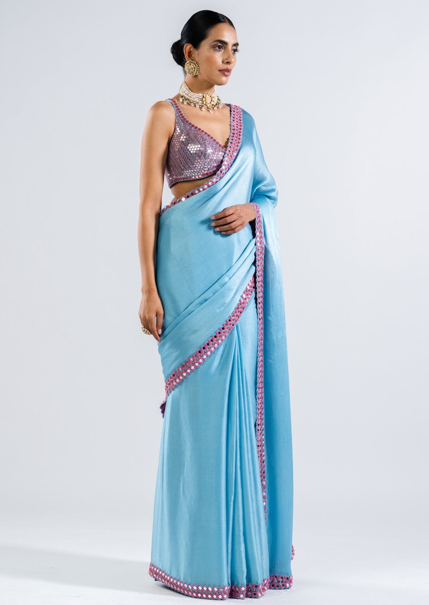 Ice Blue Satin Chiffon Sari Set