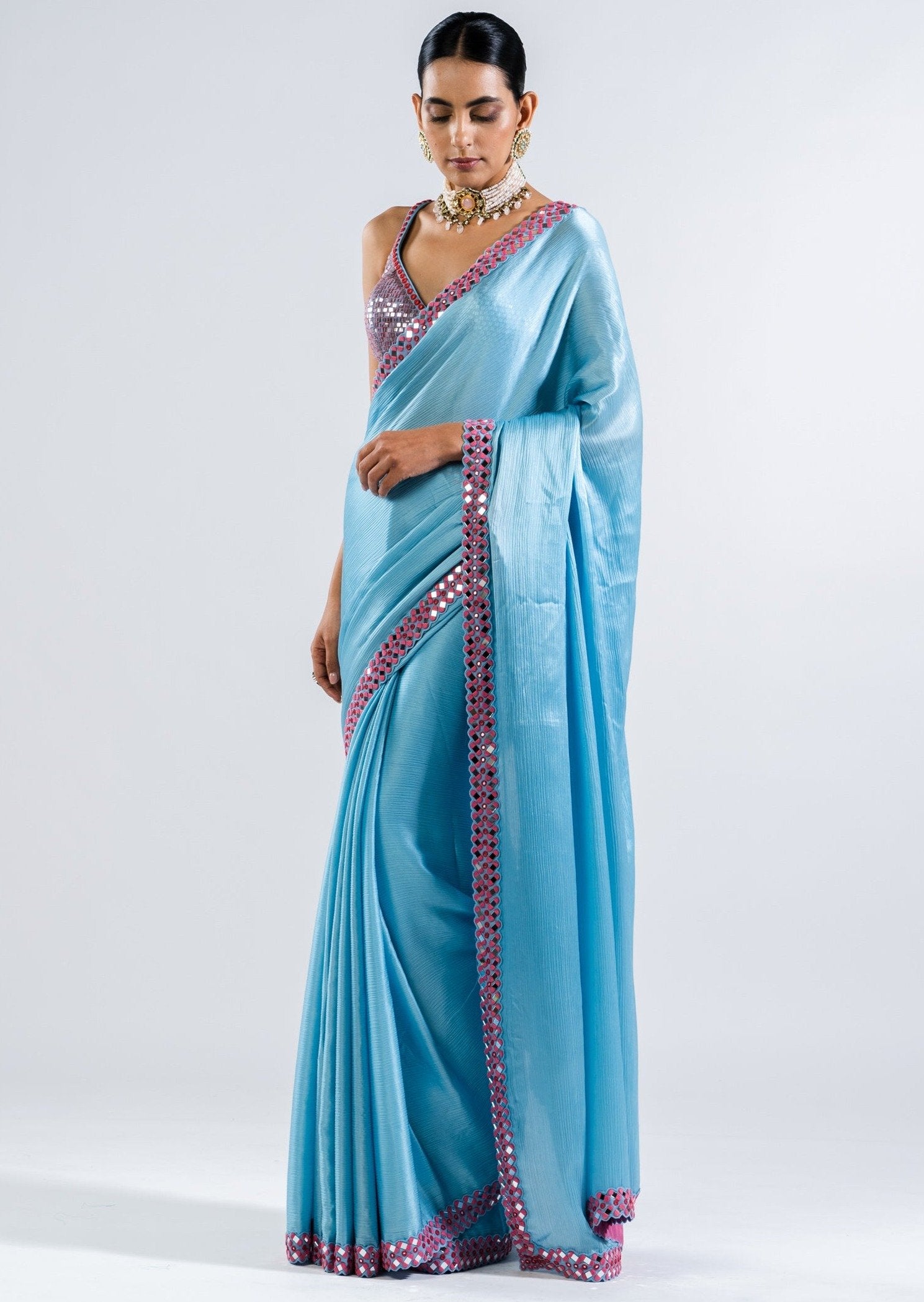 Ice Blue Satin Chiffon Sari Set
