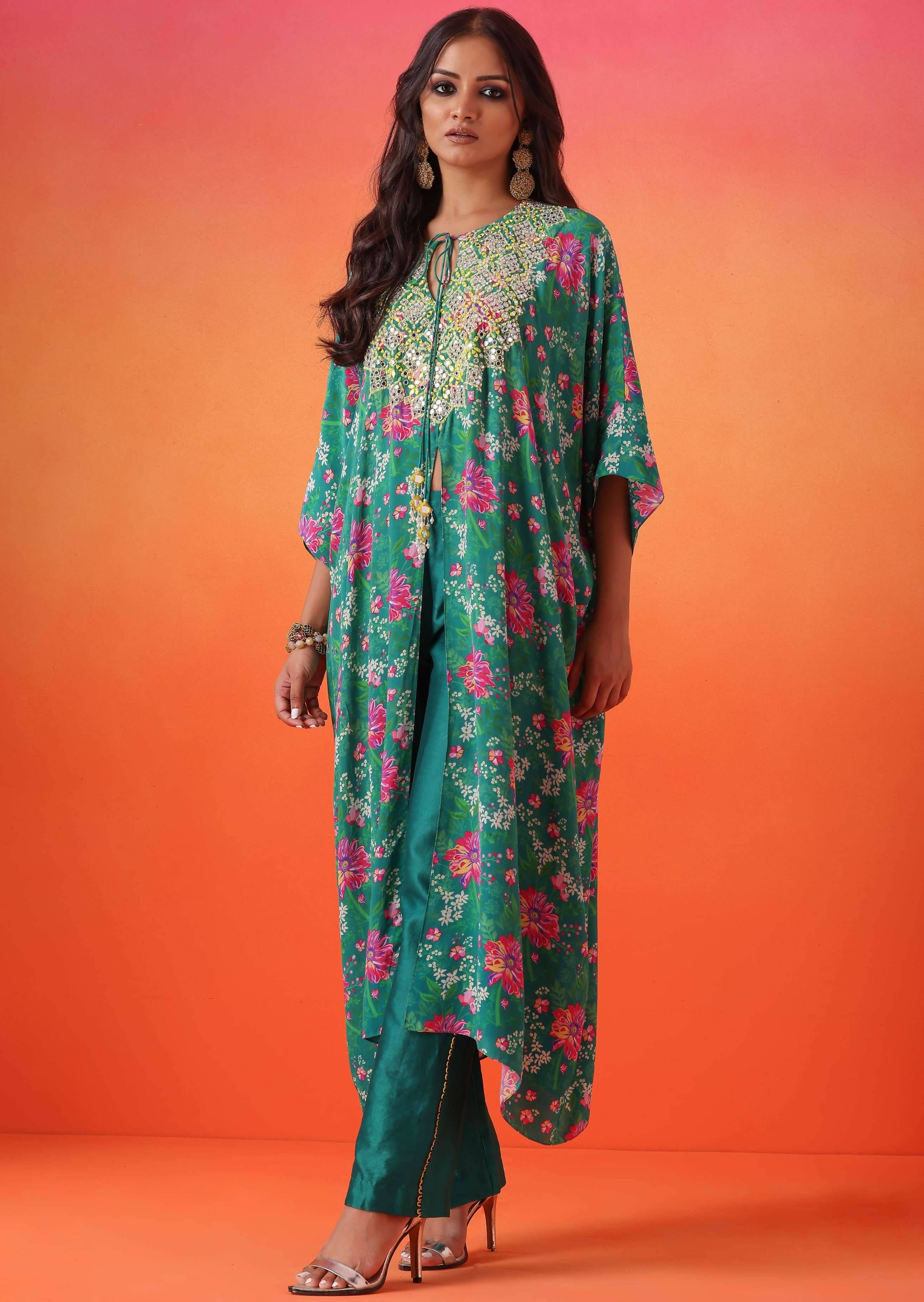 Emerald Green Floral Printed Kaftan with Pants