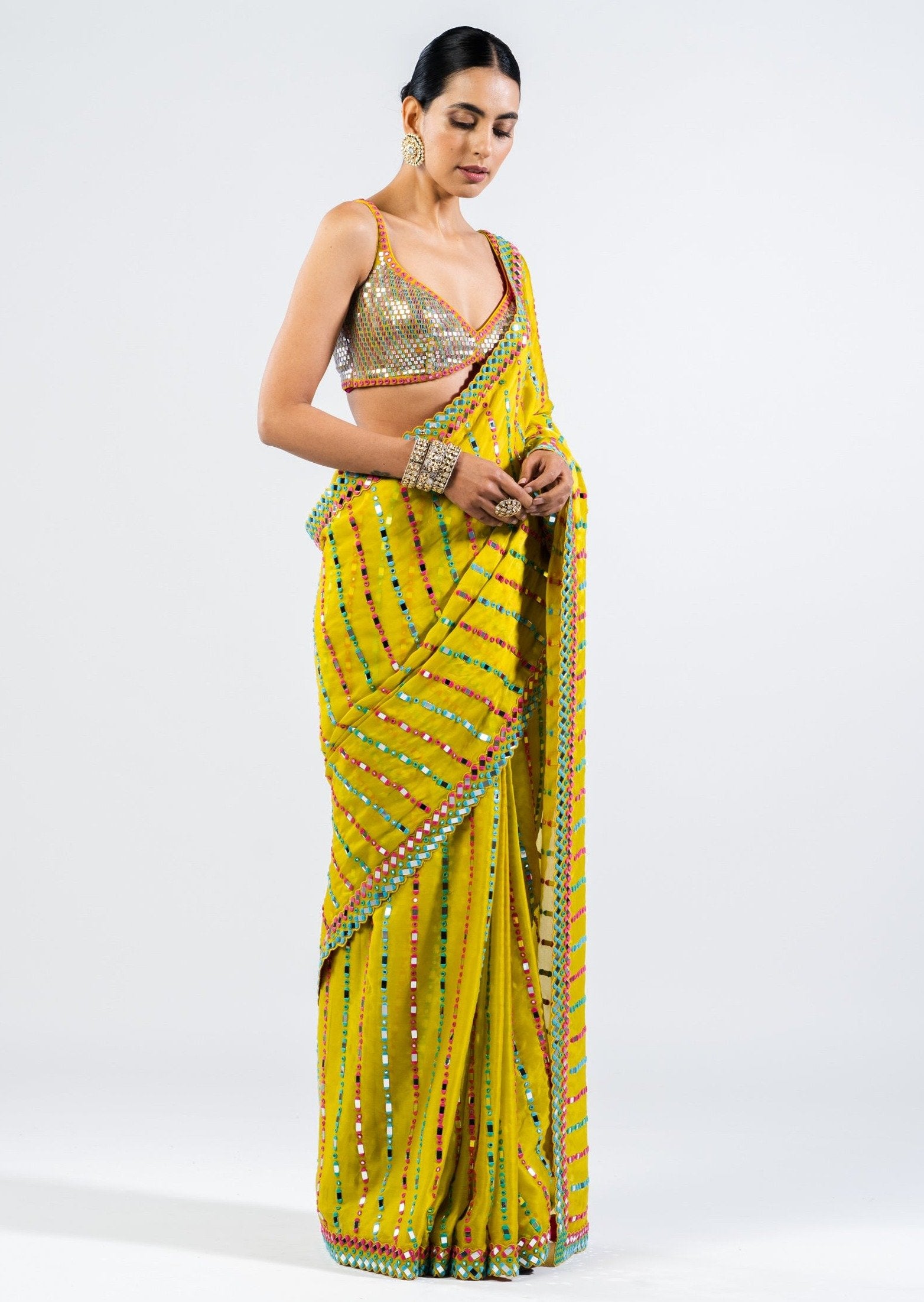 Moss Green Mirror Sari with Metallic Blouse