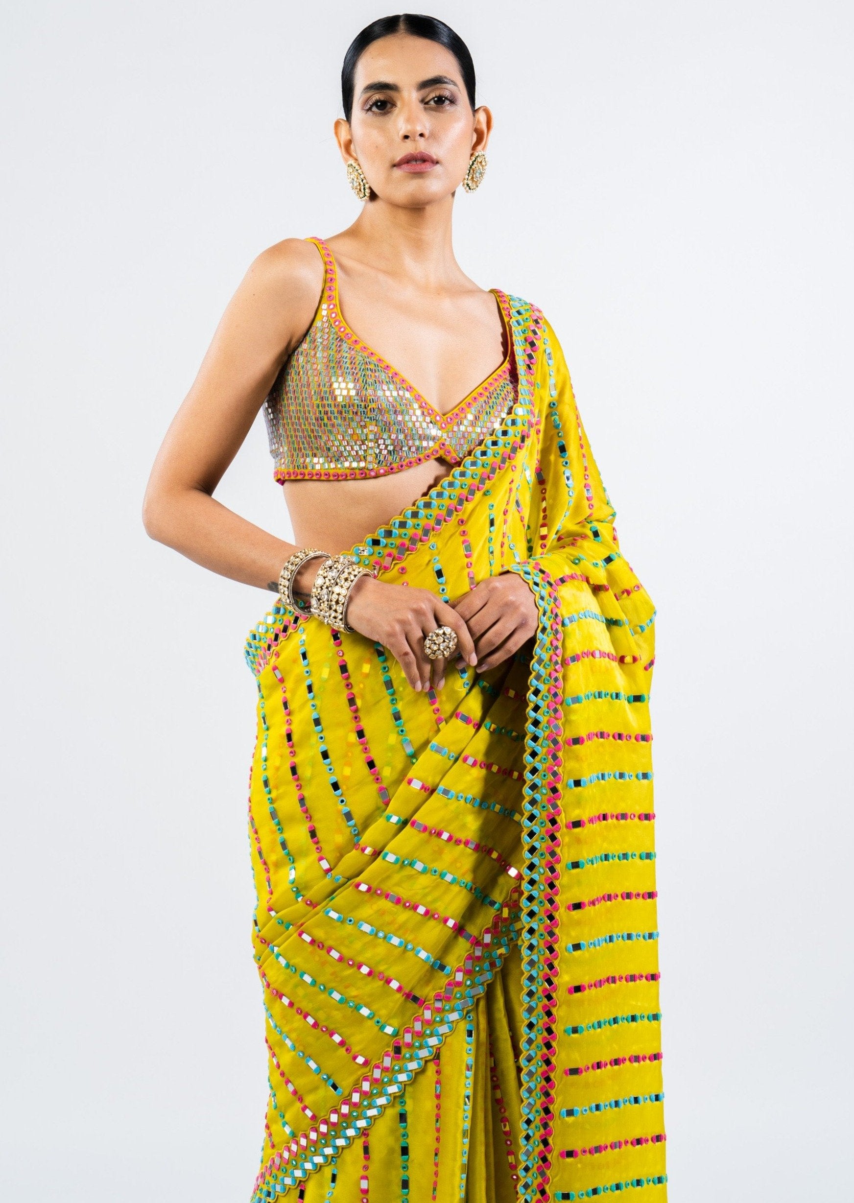 Moss Green Mirror Sari with Metallic Blouse