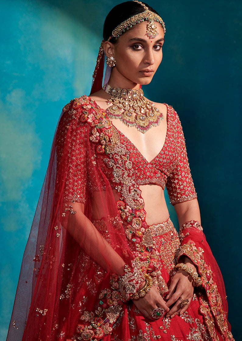 Etta Carmine Red Floral Garden Bridal Lehenga Set