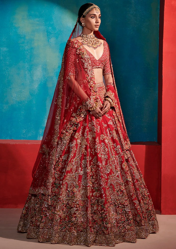 Etta Carmine Red Floral Garden Bridal Lehenga Set