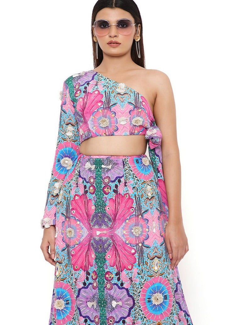 Pink Enchanted Print Side Tie-Up Top with Skirt