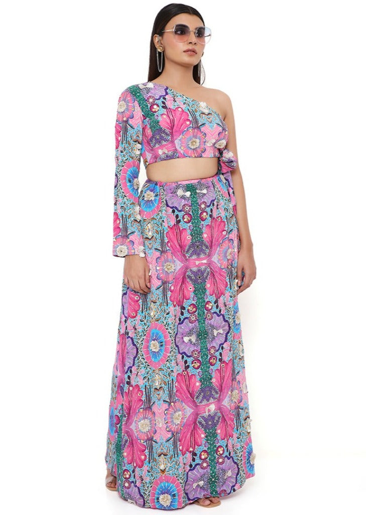 Pink Enchanted Print Side Tie-Up Top with Skirt