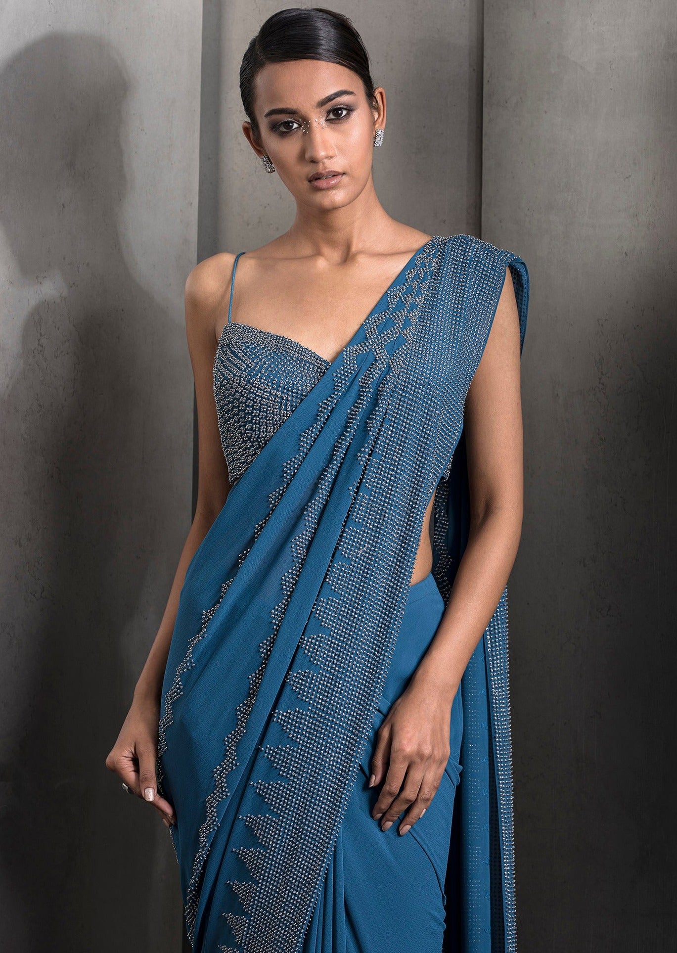 Blue Pre-Draped Tulle Sari