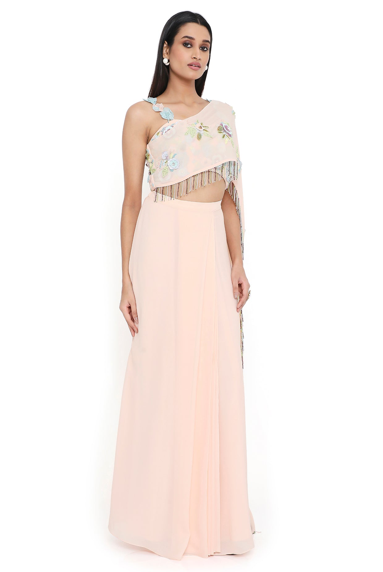 Peach Embroidered Top with Pre-Stitched Skirt Set