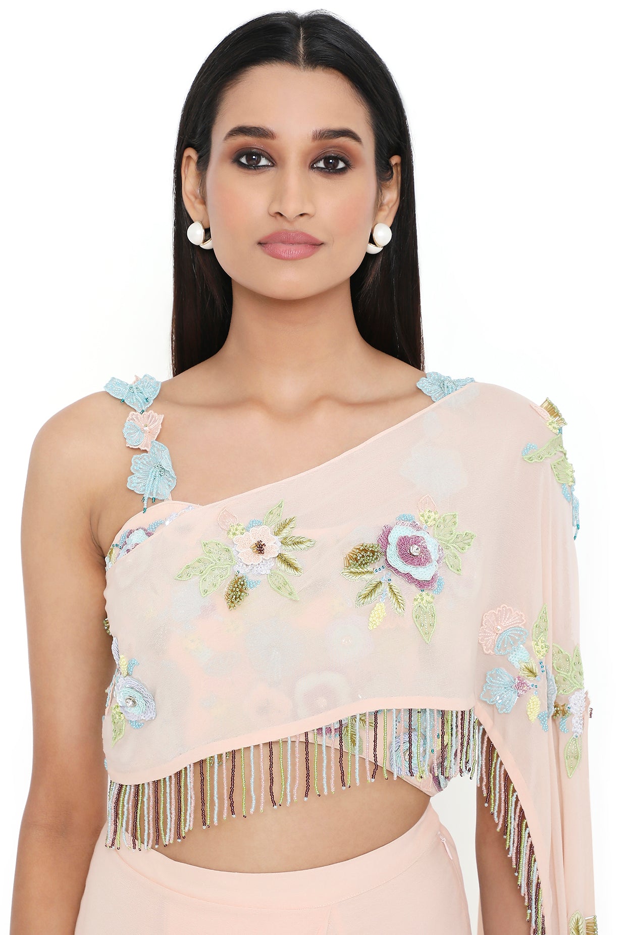 Peach Embroidered Top with Pre-Stitched Skirt Set