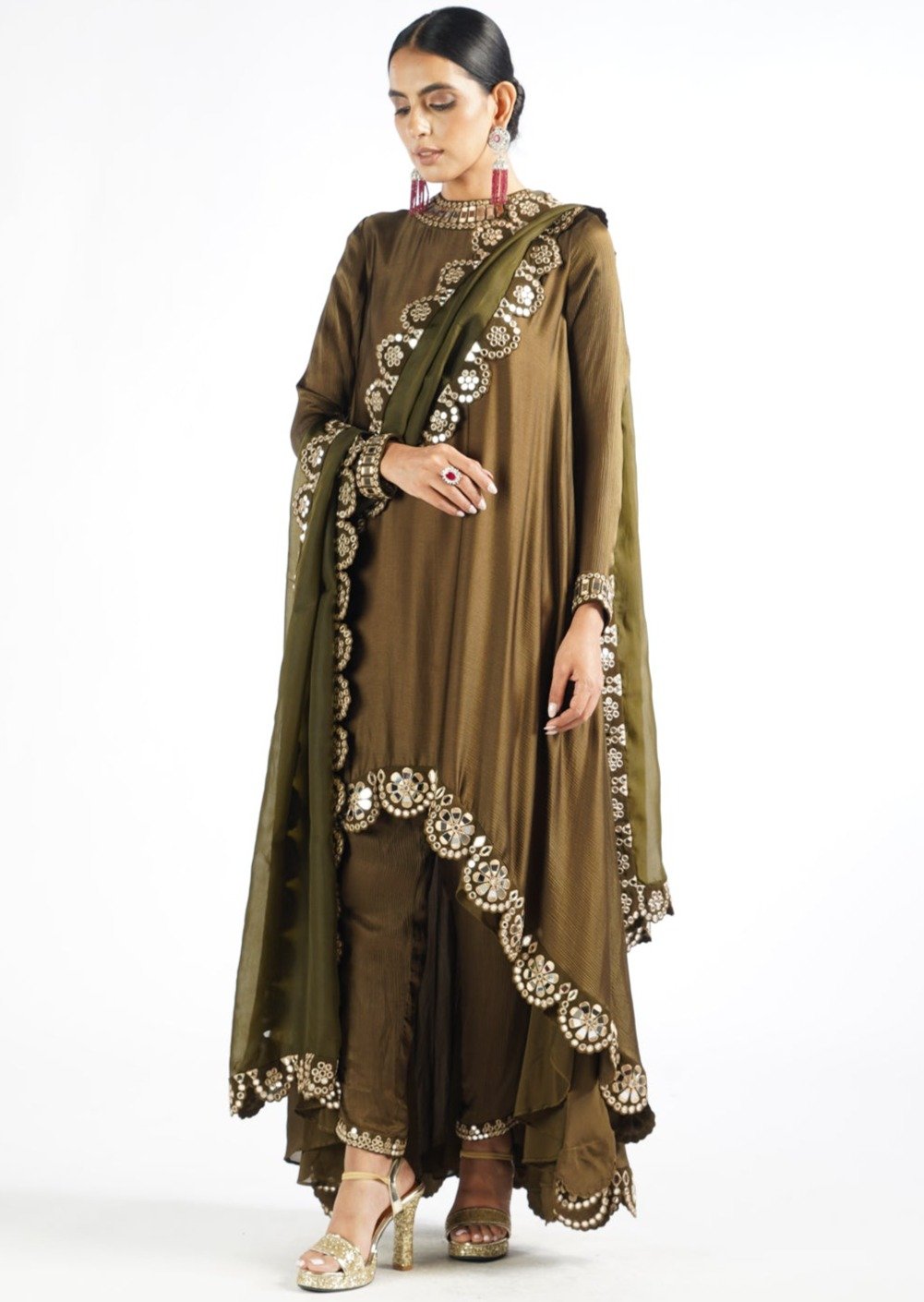 Olive Green Mirror Scallop Pant Kurta Set