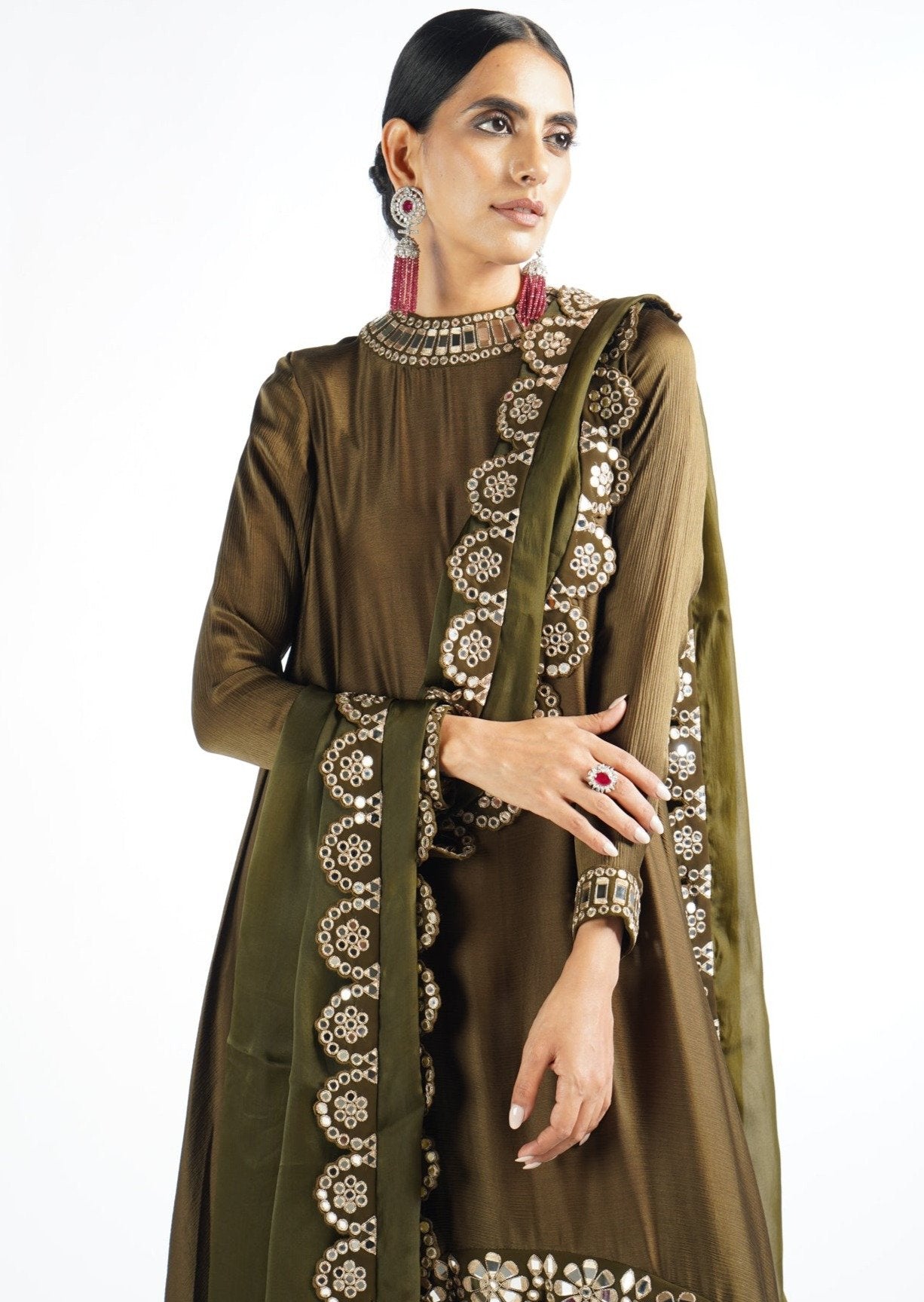 Olive Green Mirror Scallop Pant Kurta Set