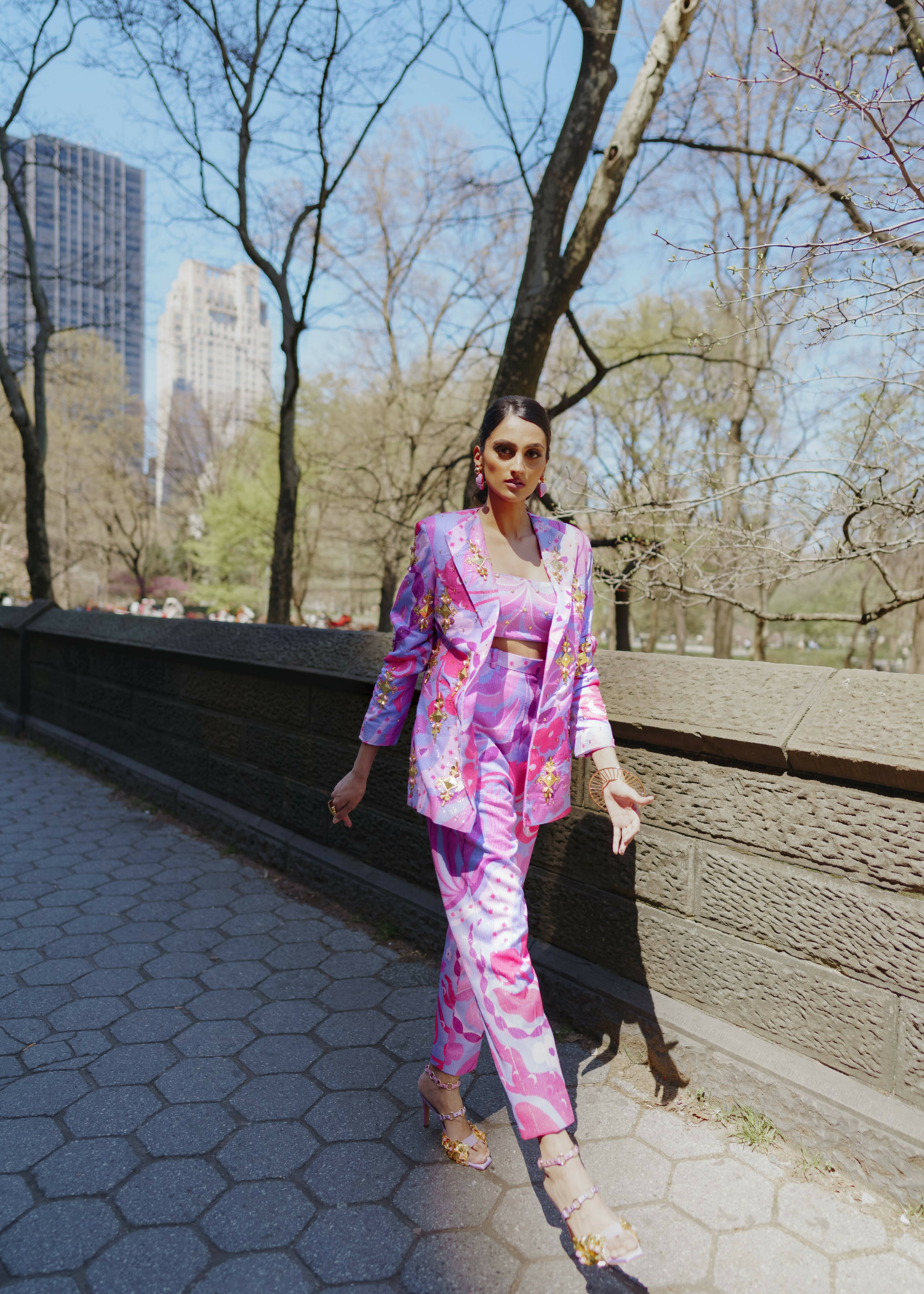 Living Coral: Lilac and Hot Pink Sequin Printed Pant Suit Set