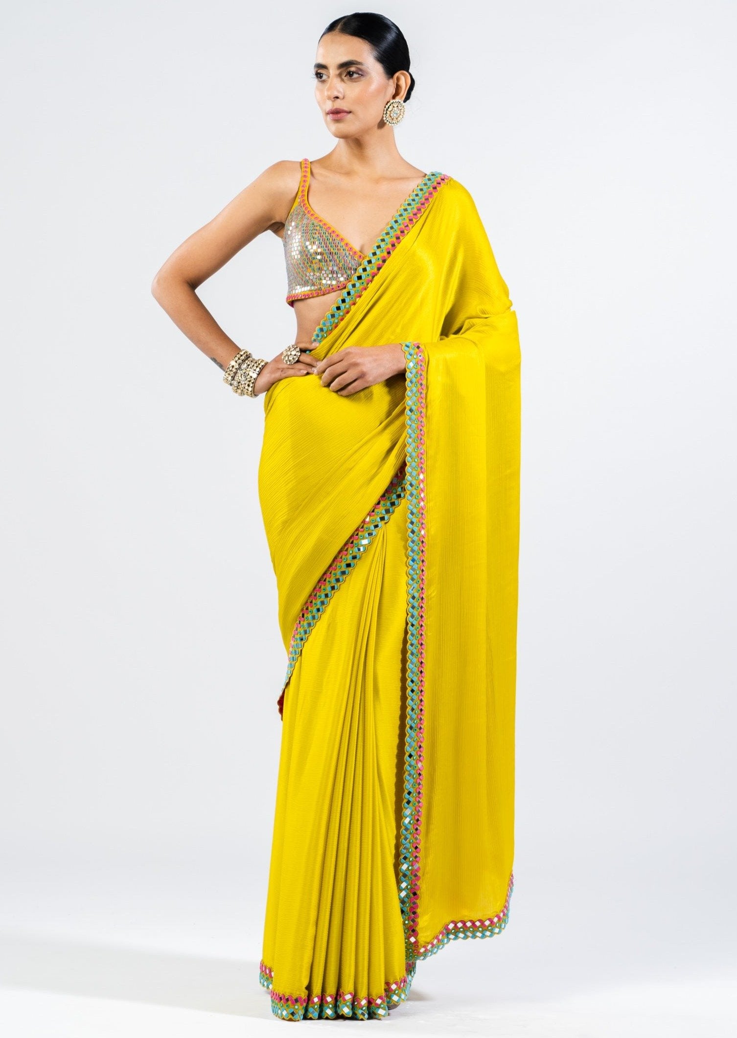 Moss Green Satin Chiffon Sari with Metallic Blouse