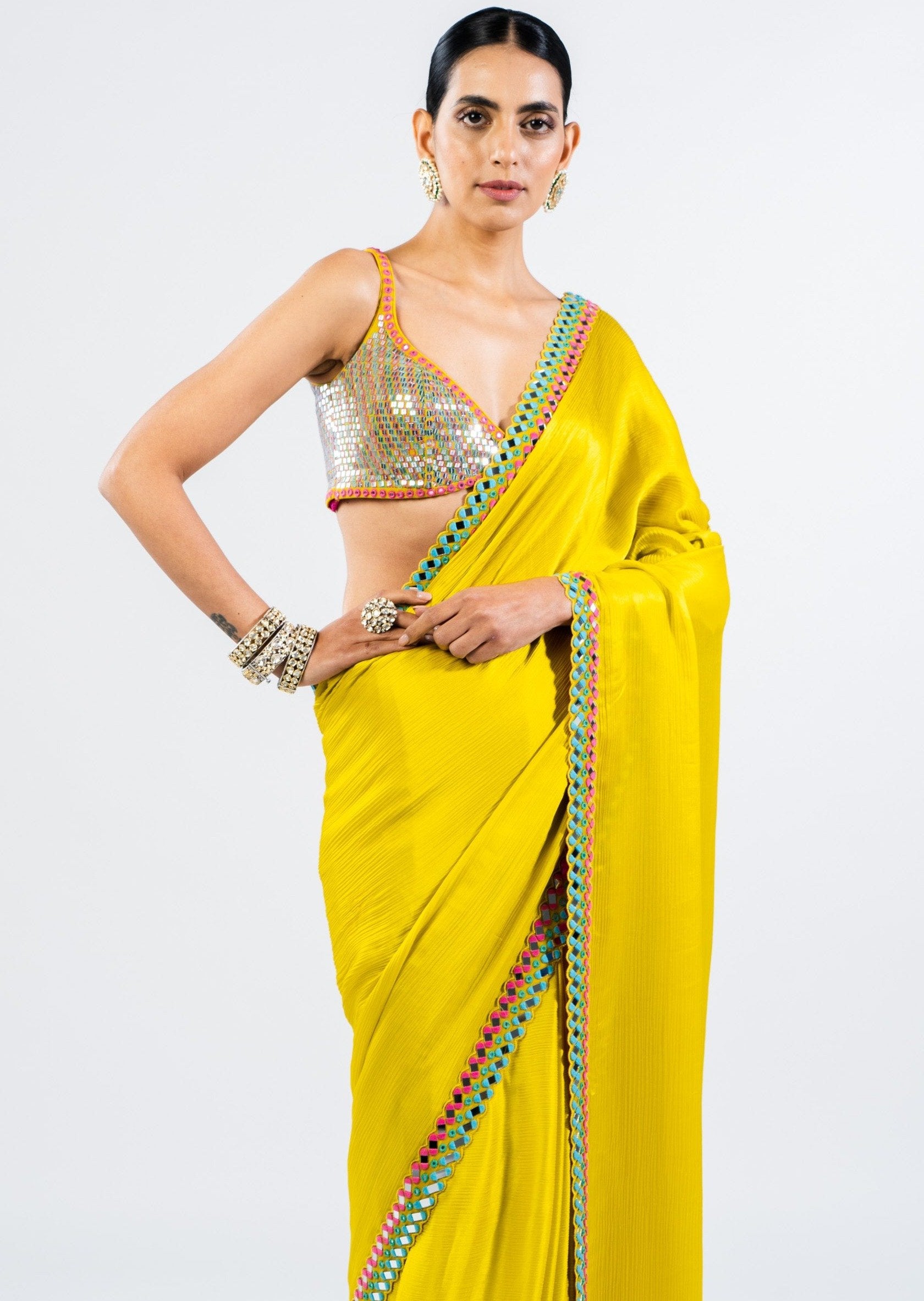 Moss Green Satin Chiffon Sari with Metallic Blouse