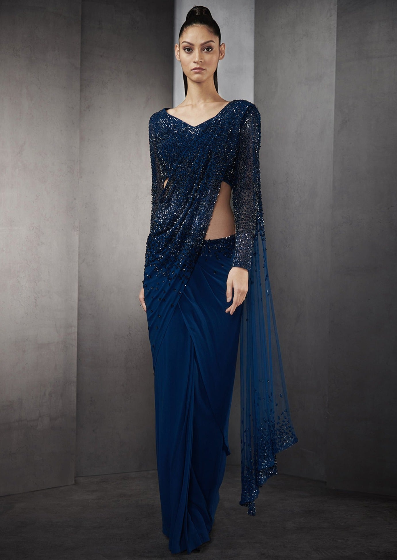 Navy Blue Pre-Stitched Crystal Beaded Fringe Sari