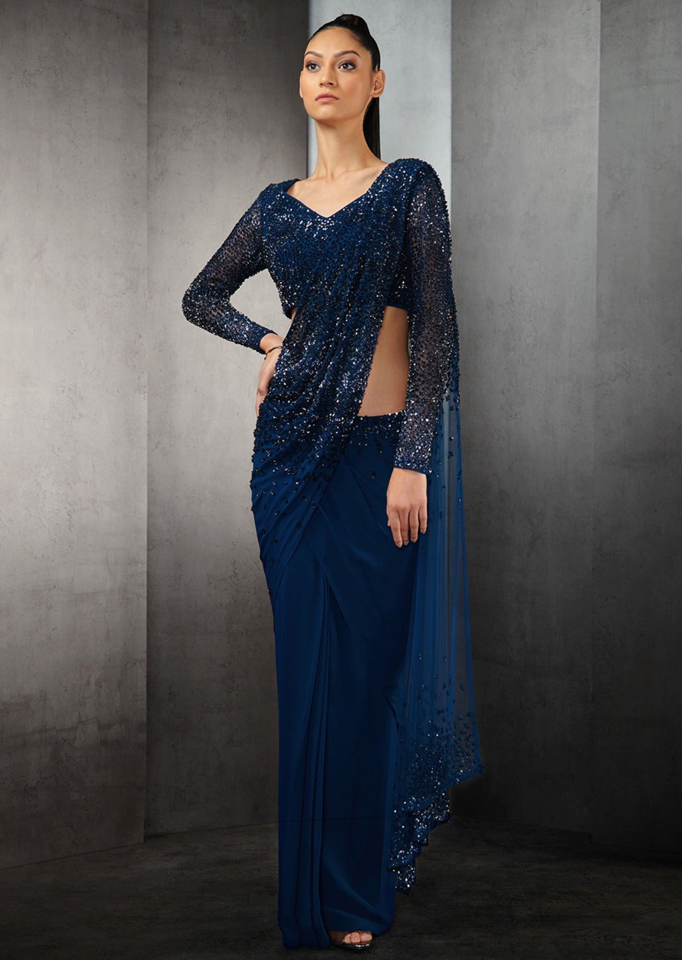 Navy Blue Pre-Stitched Crystal Beaded Fringe Sari