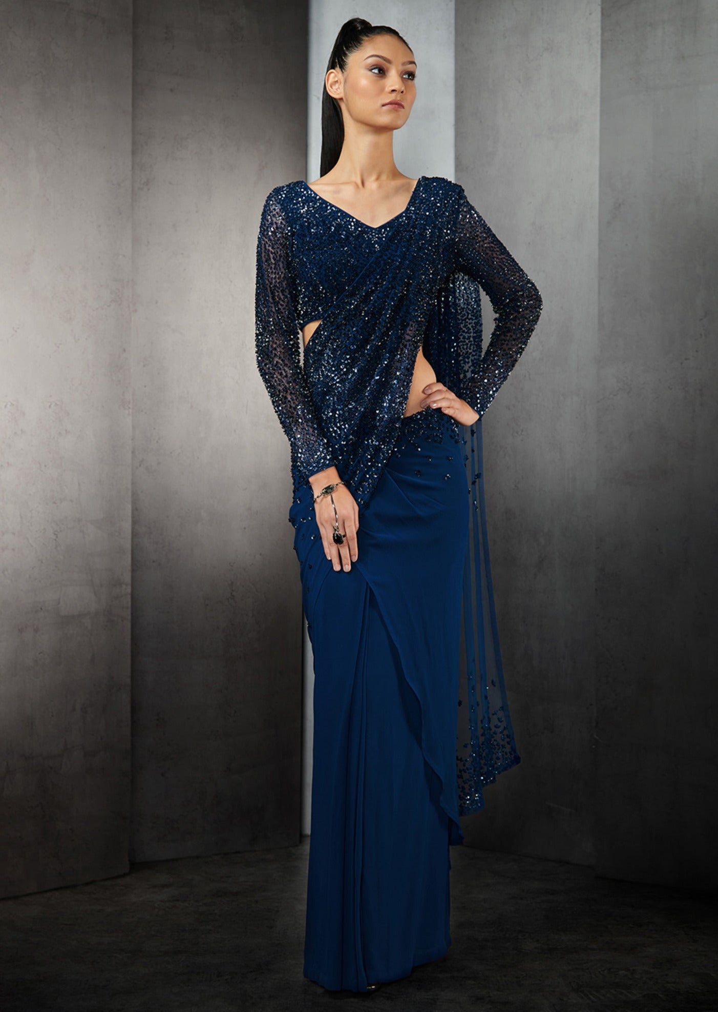 Navy Blue Pre-Stitched Crystal Beaded Fringe Sari