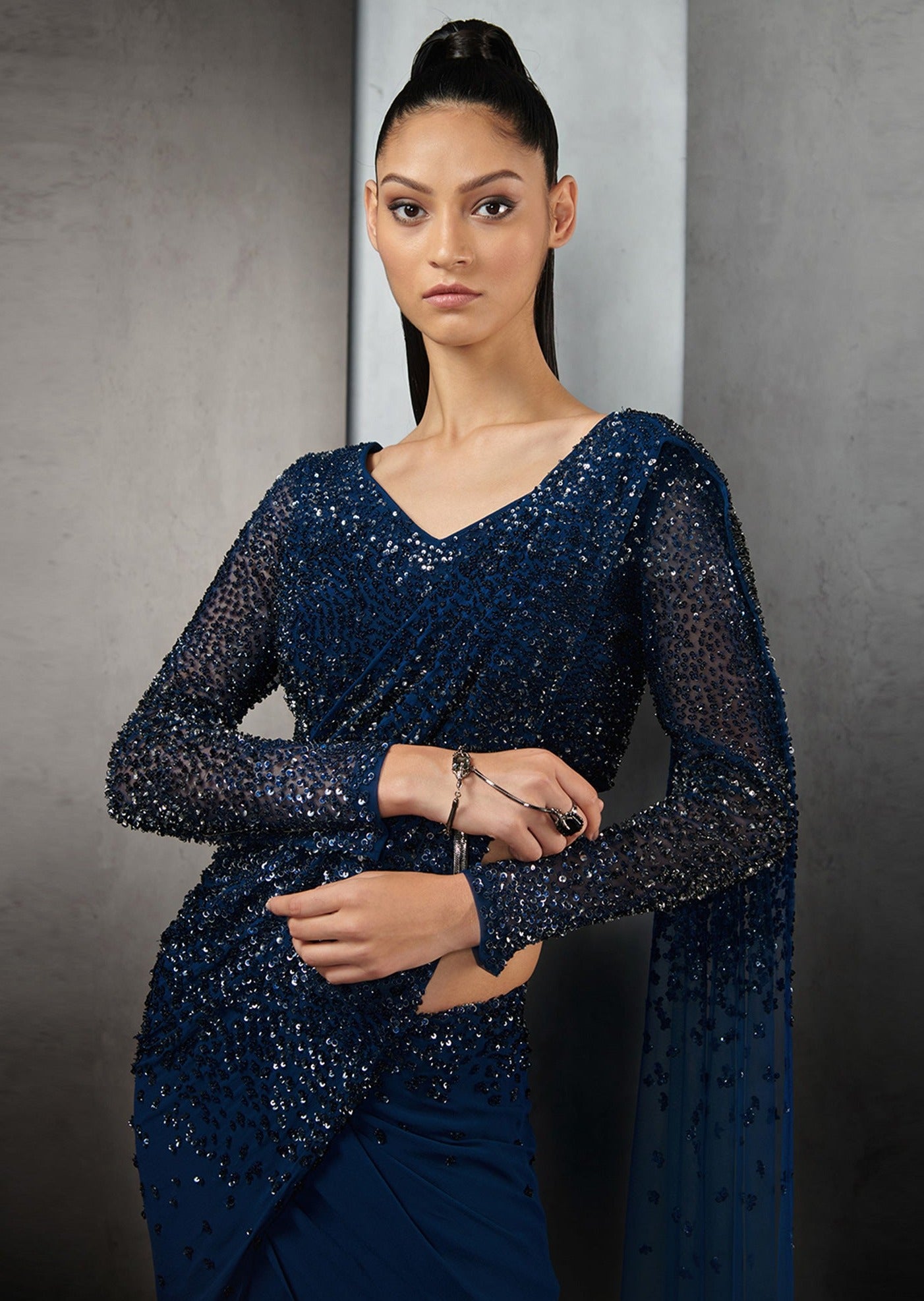 Navy Blue Pre-Stitched Crystal Beaded Fringe Sari