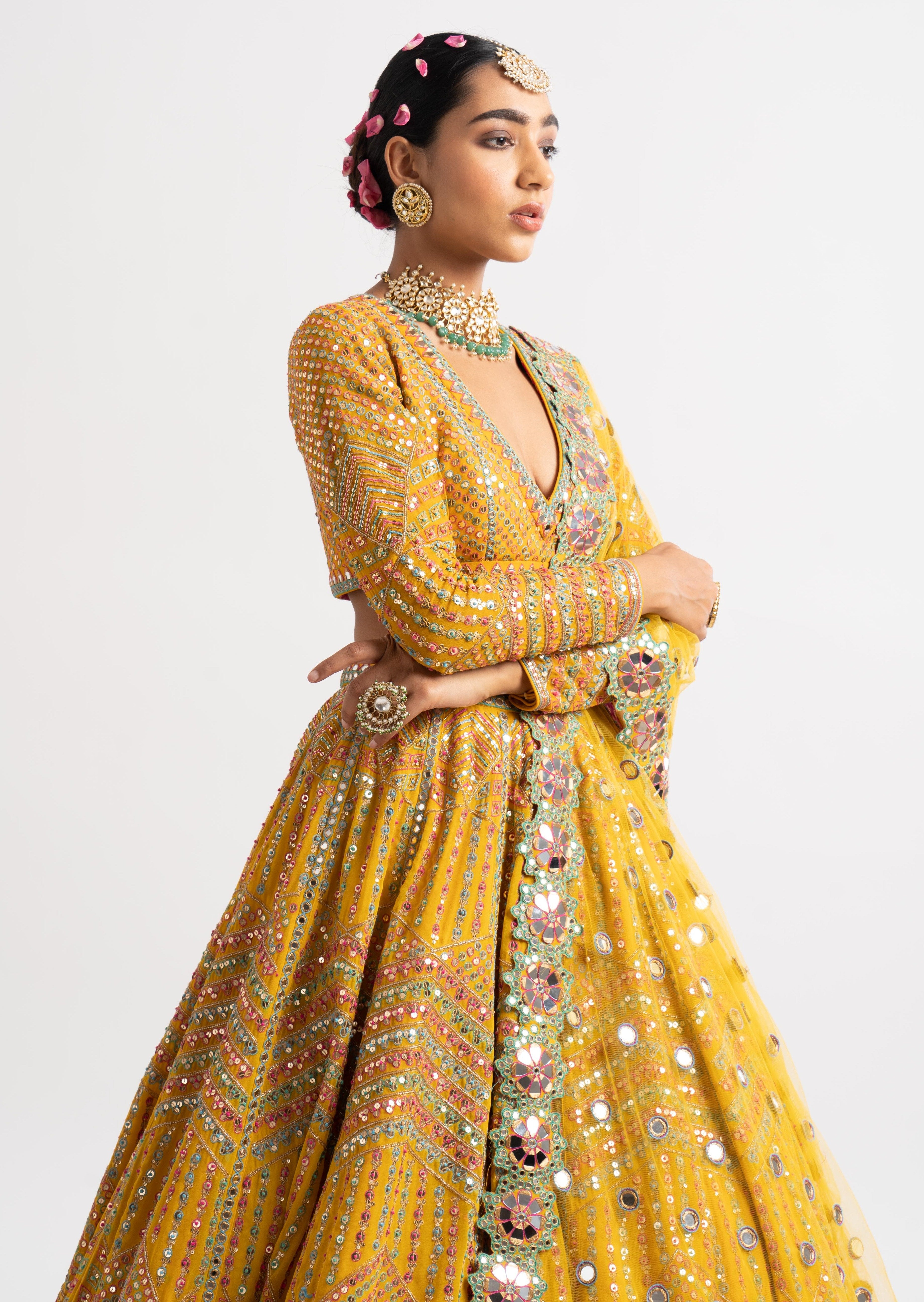 Yellow V-Neck Heavy Multicolor Lehenga Set