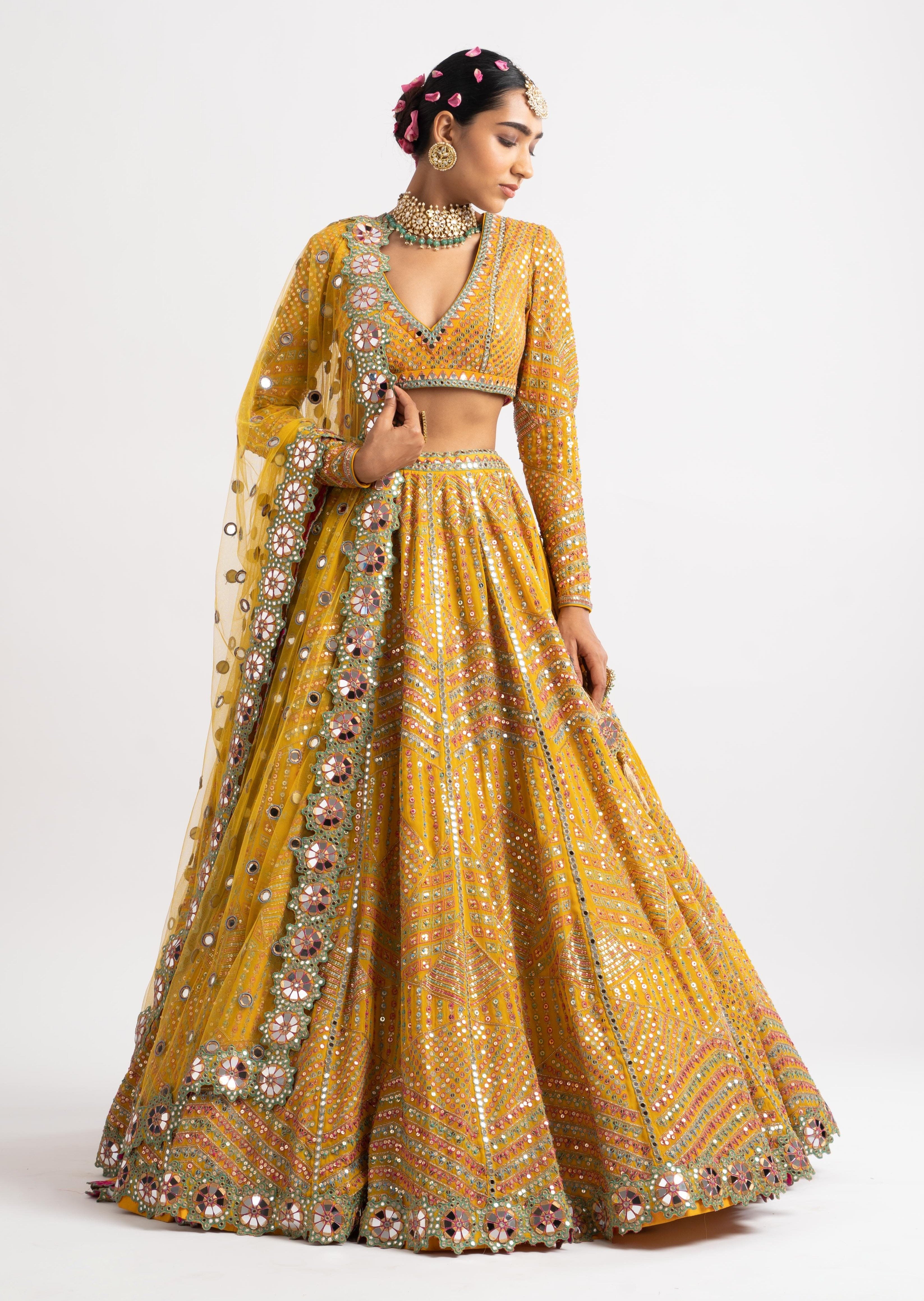 Yellow V-Neck Heavy Multicolor Lehenga Set