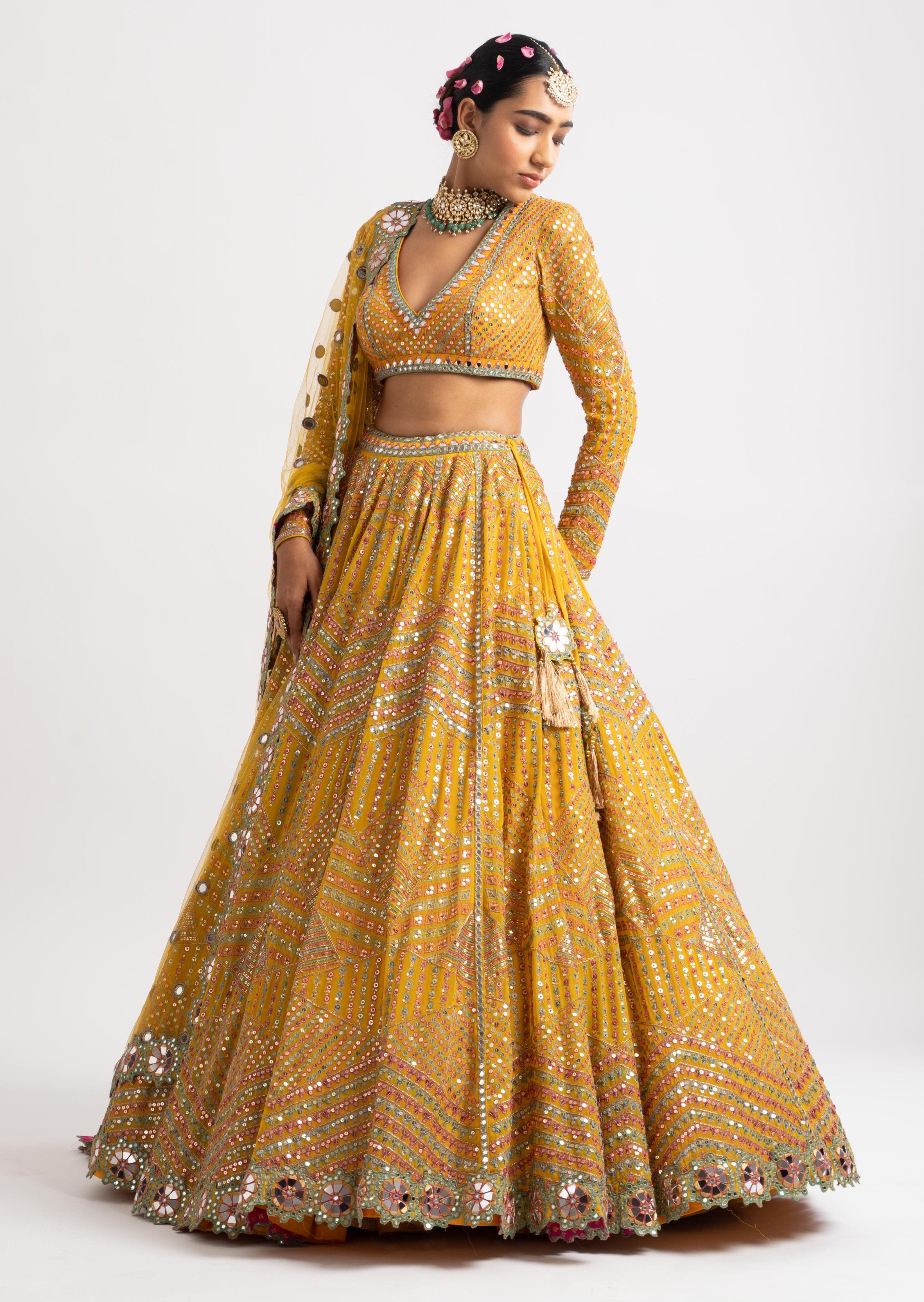 Yellow V-Neck Heavy Multicolor Lehenga Set