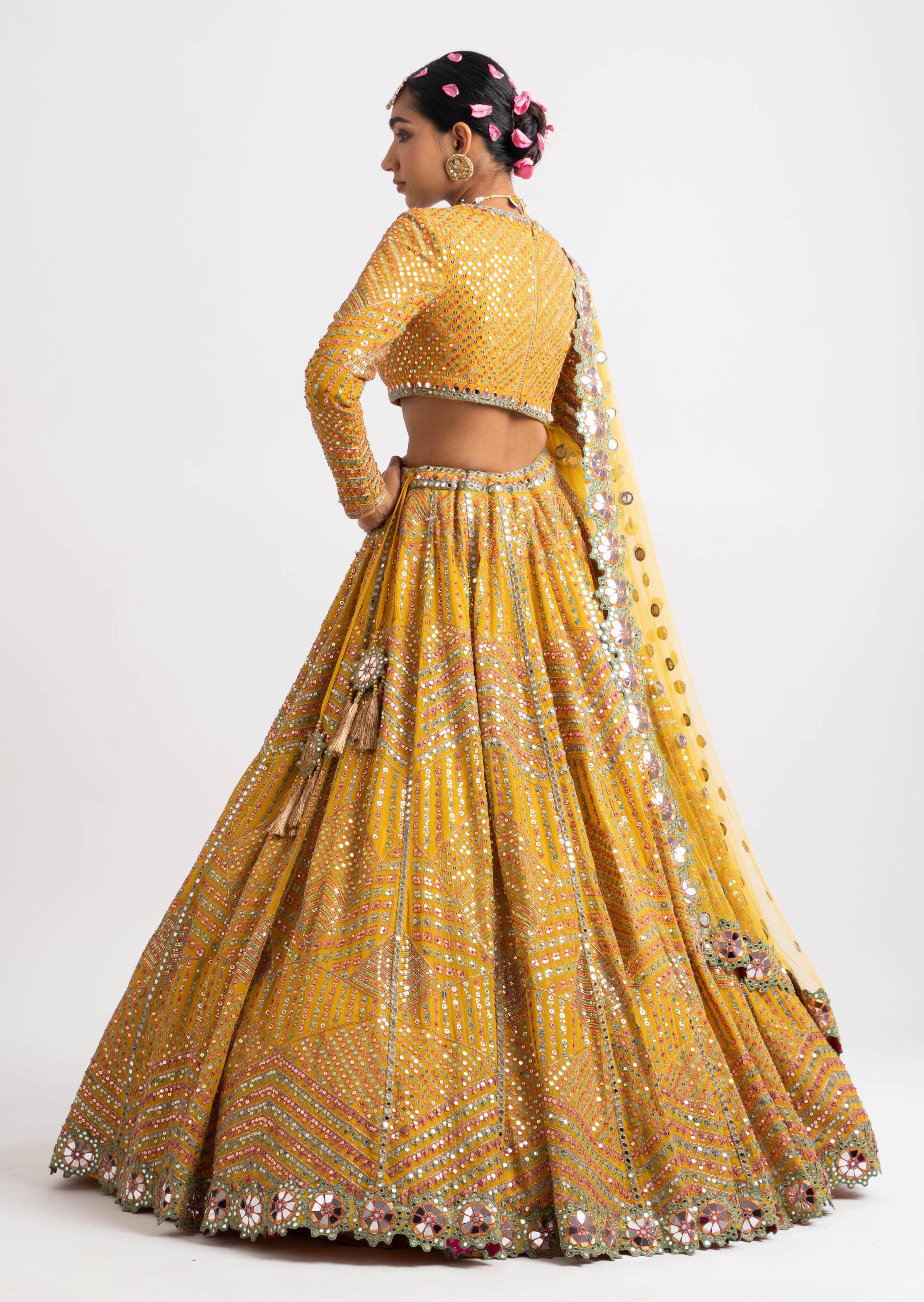 Yellow V-Neck Heavy Multicolor Lehenga Set