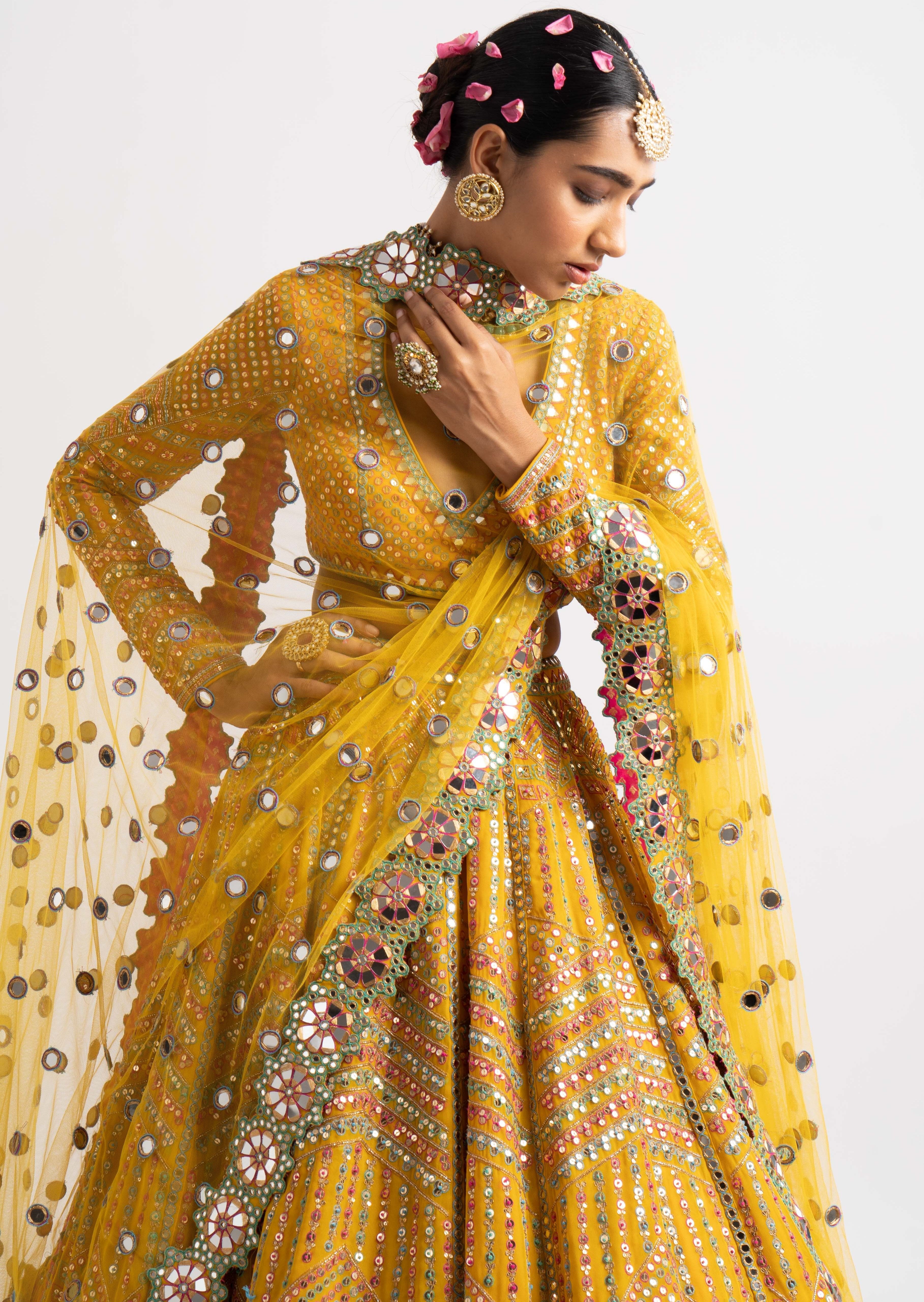 Yellow V-Neck Heavy Multicolor Lehenga Set