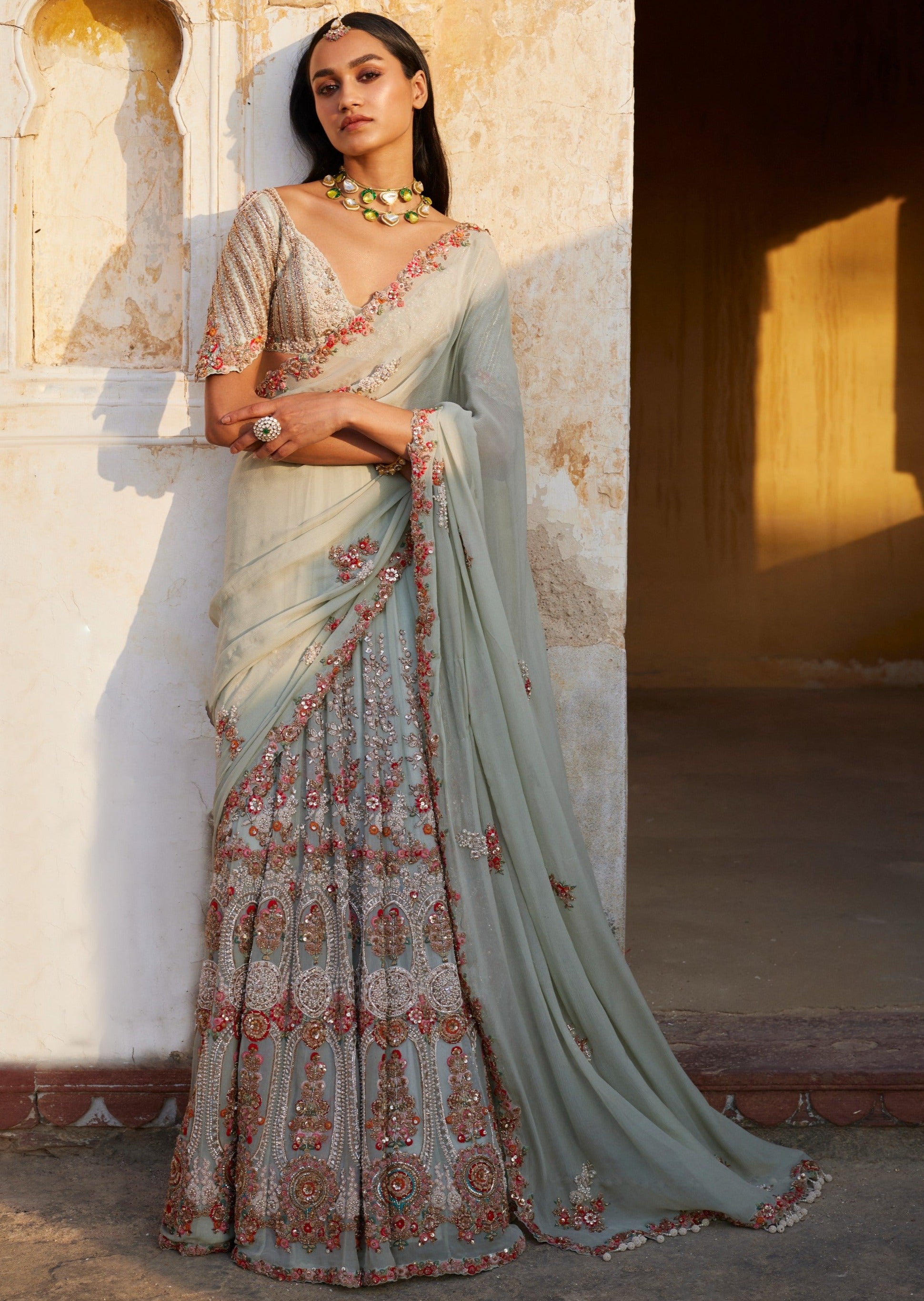 Ida Dusty Mint Kalidaar Bridal Sari