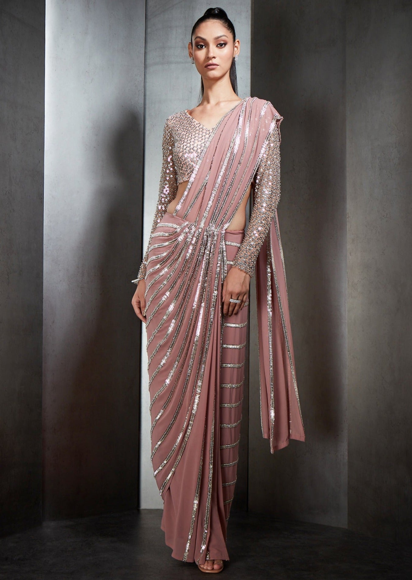 Pink Draped Sari with Linear Metallic Bead