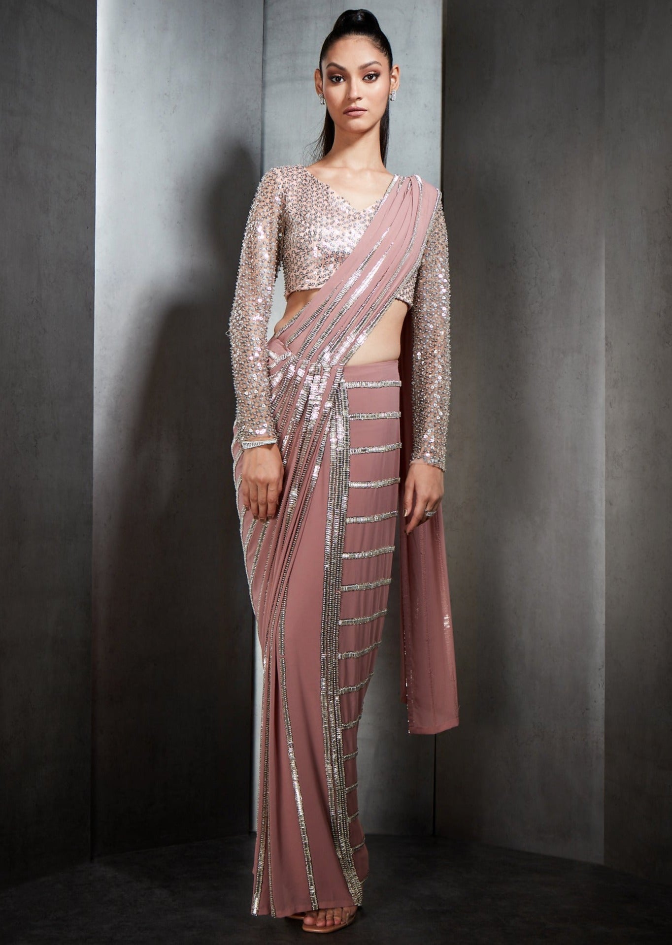 Pink Draped Sari with Linear Metallic Bead